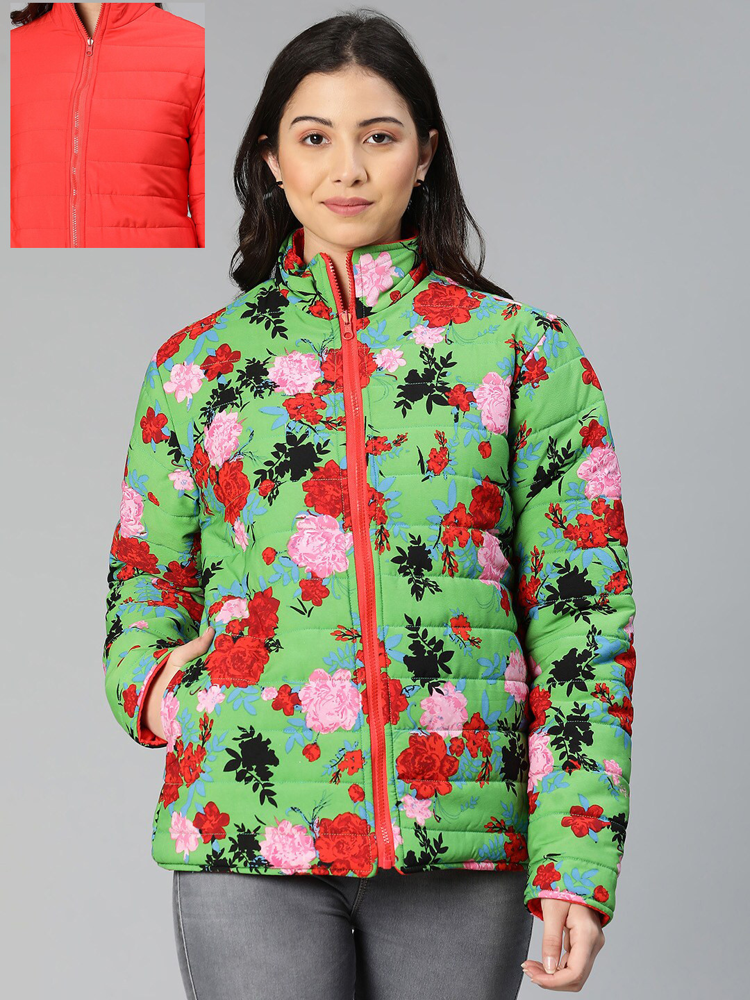 

Oxolloxo Women Green Pink Floral Reversible Padded Jacket
