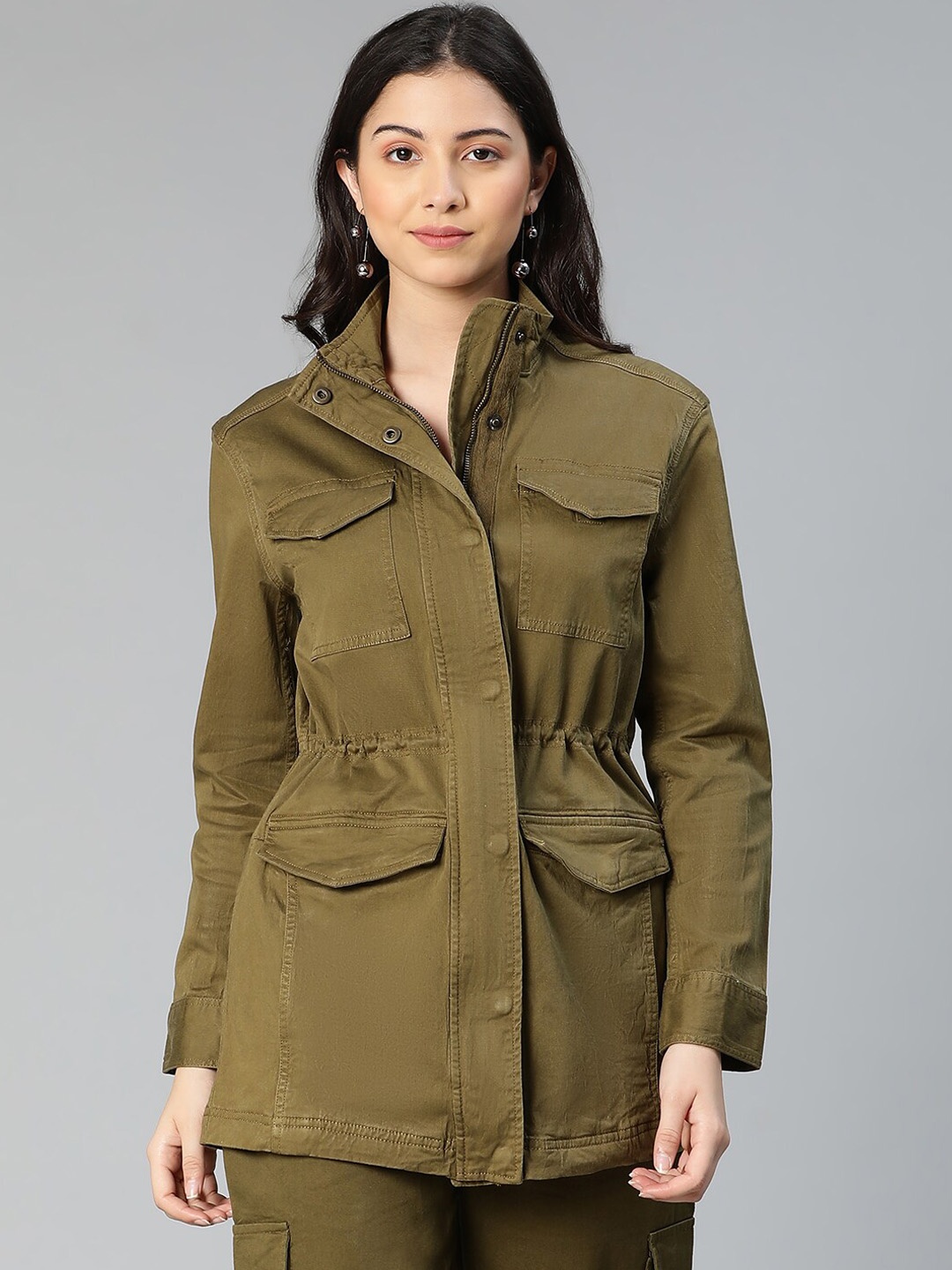 

Oxolloxo Women Olive Green Lightweight Longline Tailored Jacket