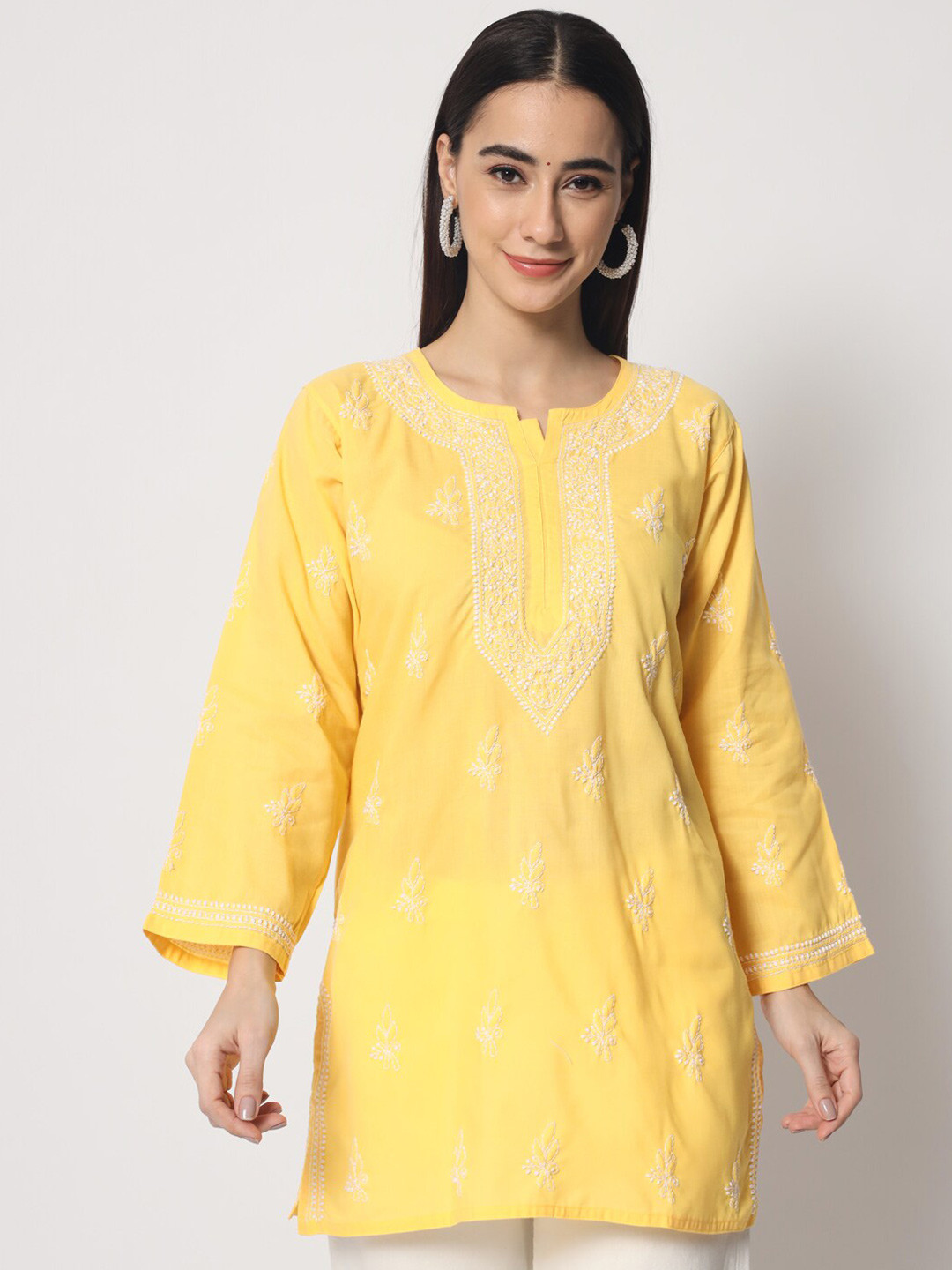 

PARAMOUNT CHIKAN Yellow Ethnic Motifs Embroidered Chikankari Pure Cotton Kurti