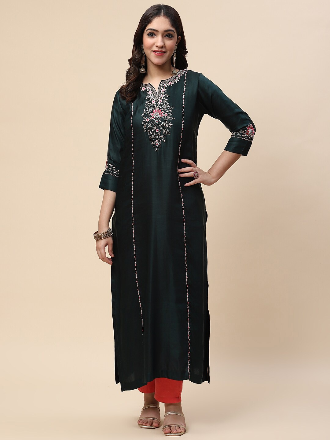 

Meena Bazaar Women Green Embroidered Thread Work Satin Kurta