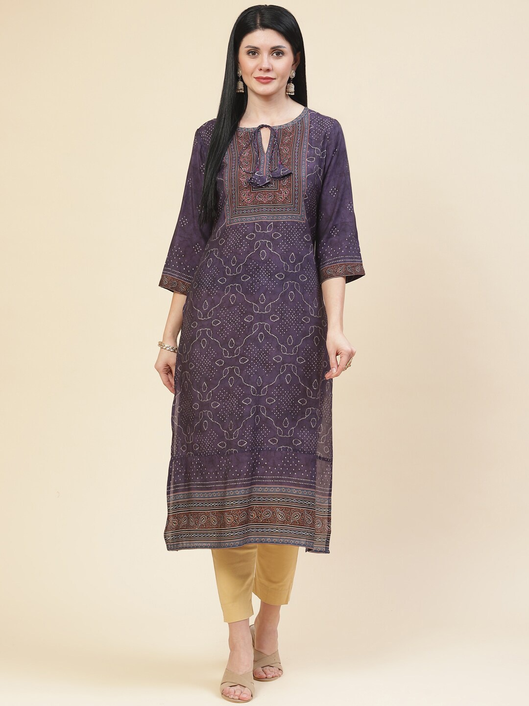 

Meena Bazaar Women Purple Ethnic Motifs Embellished Keyhole Neck Crepe Kurta