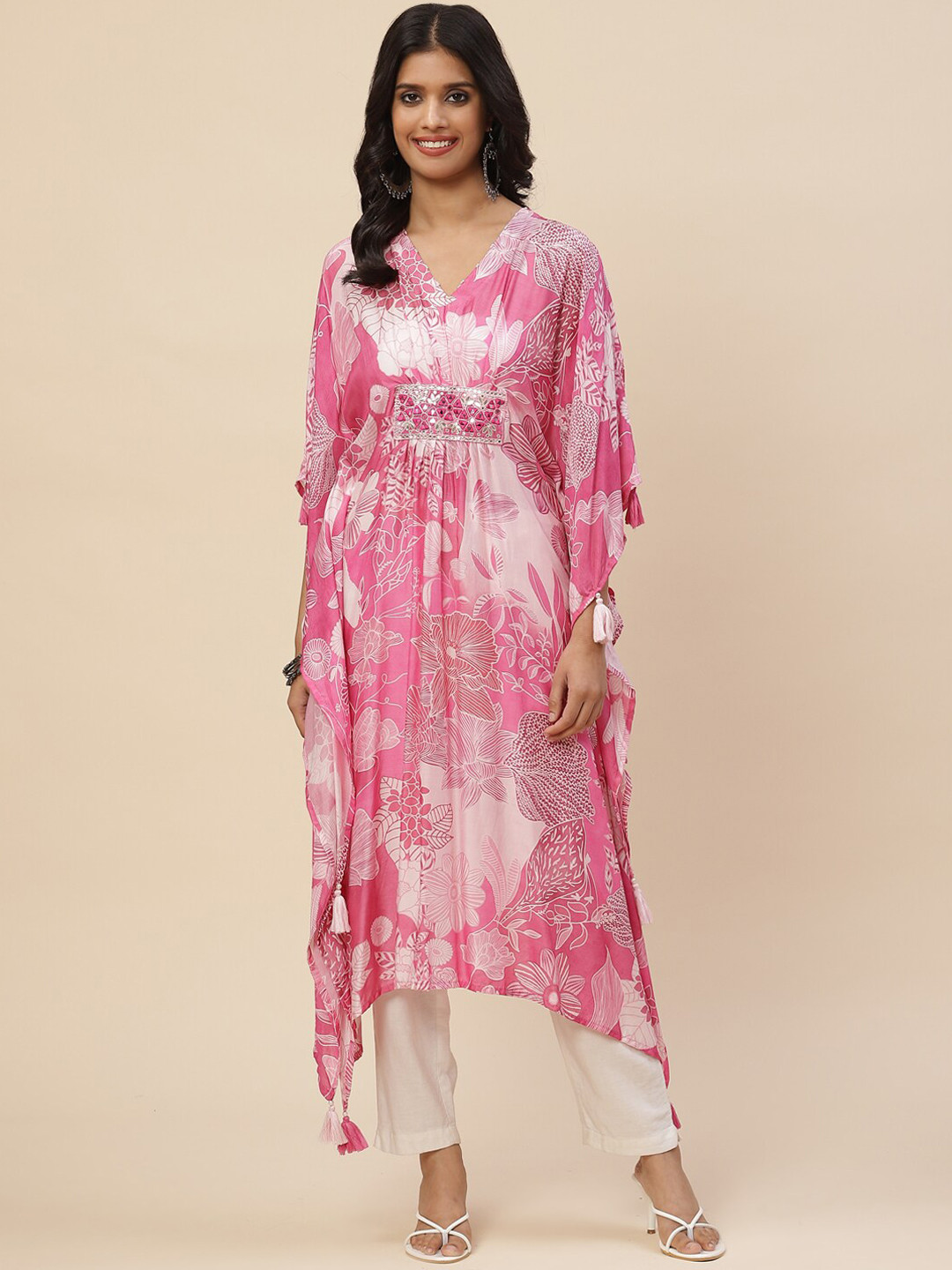 

Meena Bazaar Women Pink Floral Printed Flared Sleeves Mirror Work Floral Kaftan Kurta