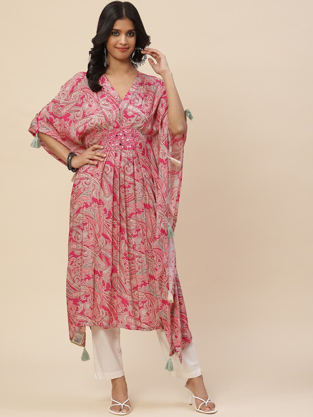 

Meena Bazaar Women Pink Ethnic Motifs Printed Flared Sleeves Mirror Work Kaftan Kurta