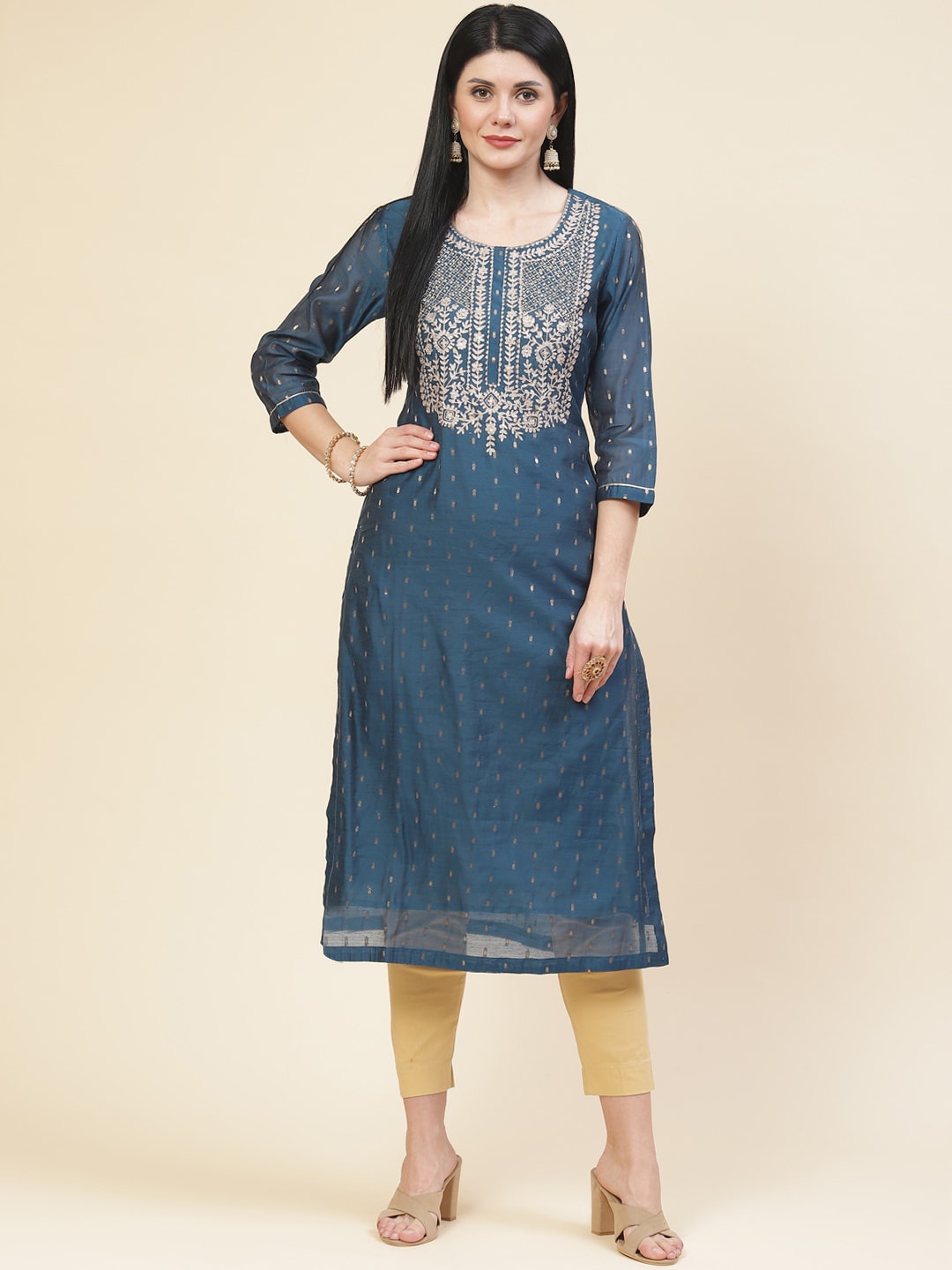 

Meena Bazaar Women Teal Ethnic Motifs Embroidered Thread Work Chanderi Silk Kurta