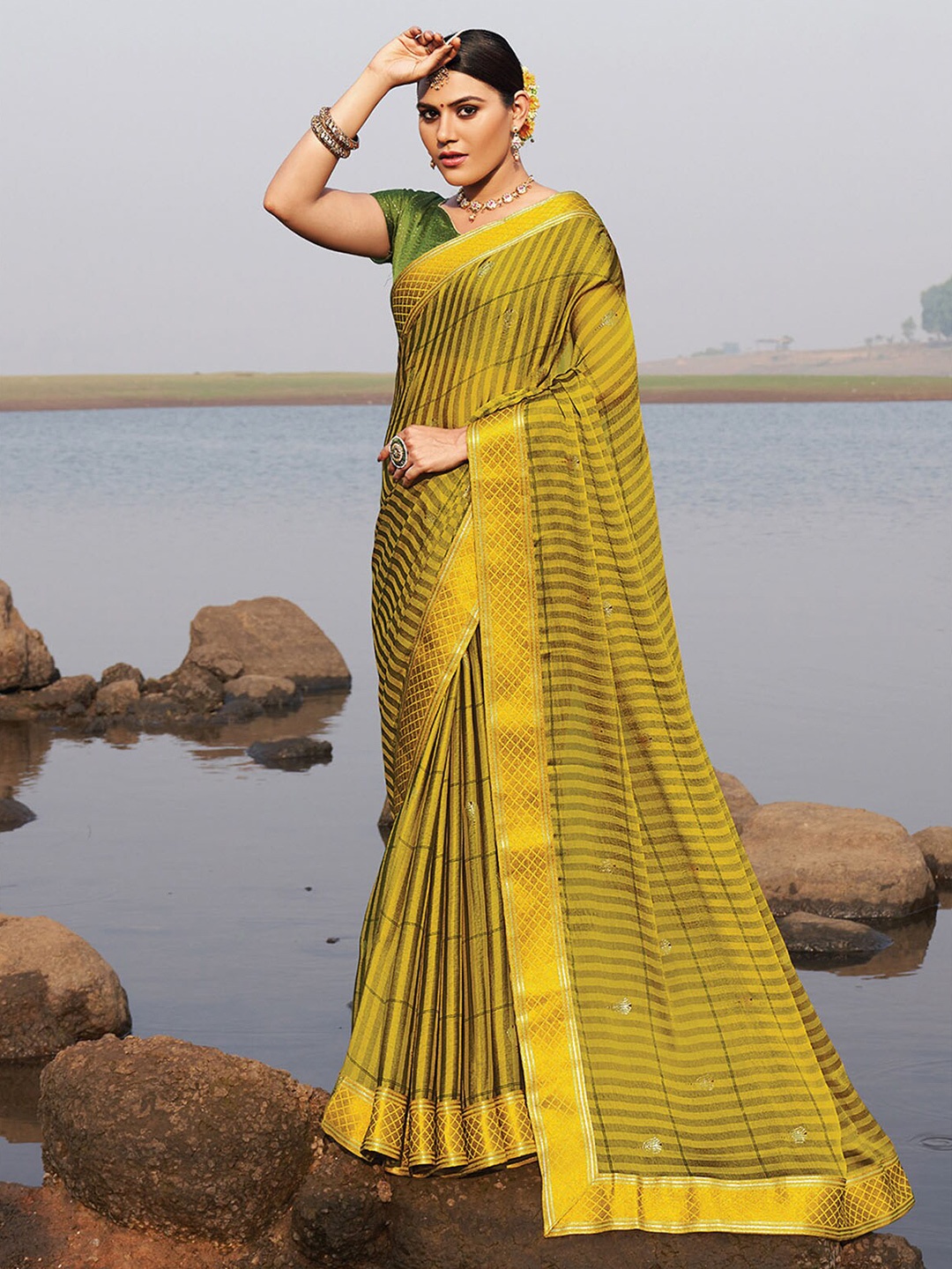 

ODETTE Mustard & Green Striped Embellished Saree