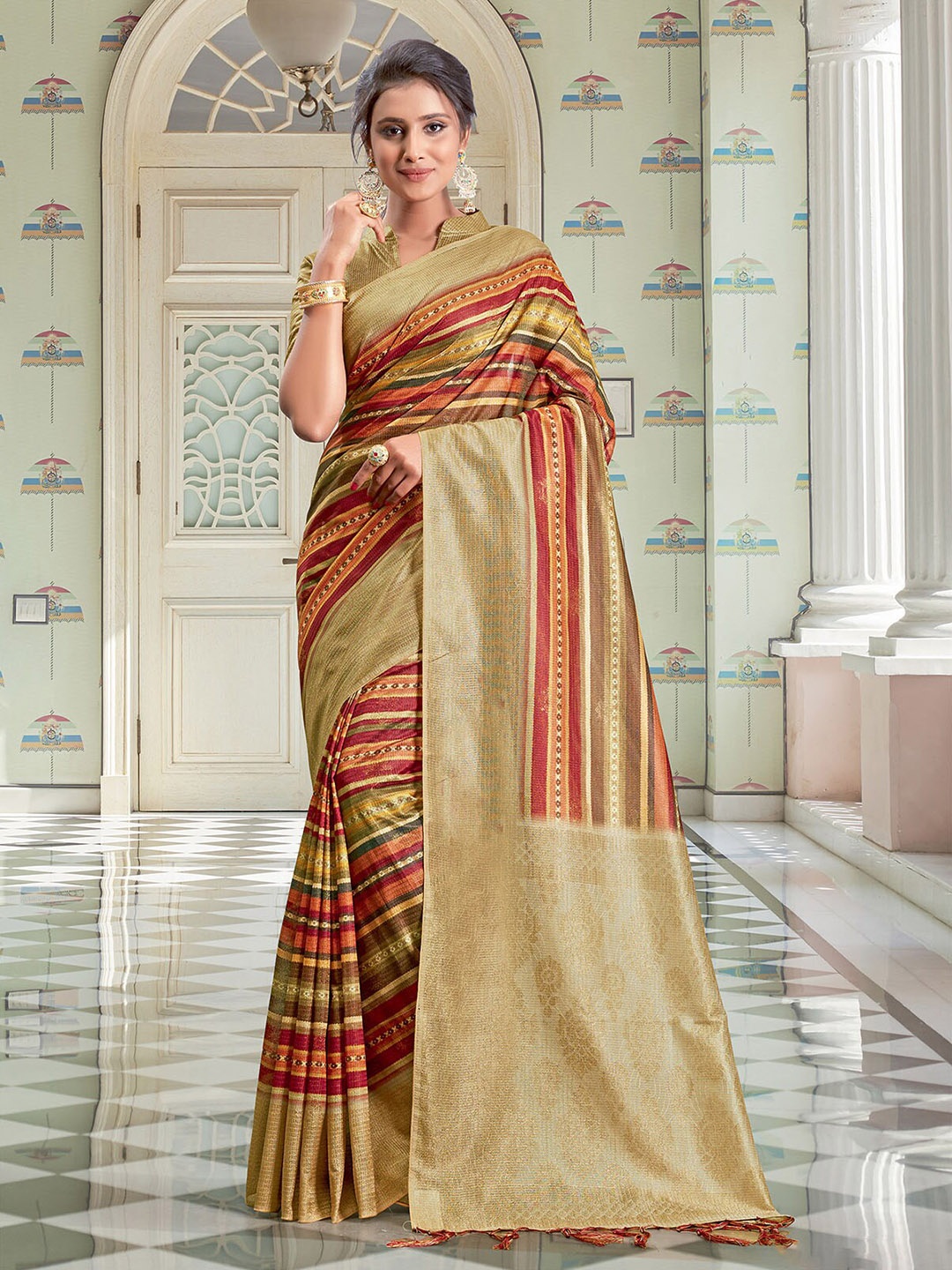 

ODETTE Gold-Toned & Red Striped Linen Blend Block Print Saree