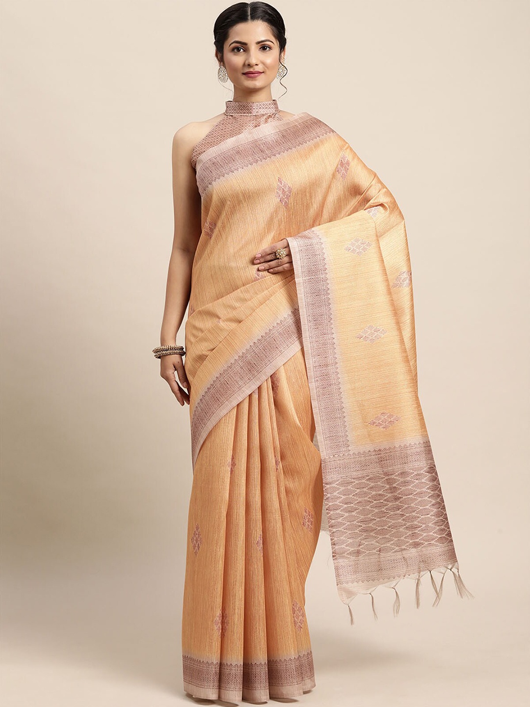 

ODETTE Mustard & Brown Ethnic Motifs Silk Blend Bagh Saree