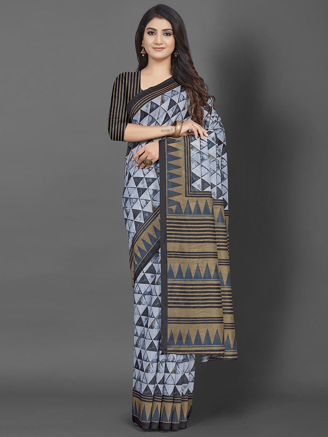 

ODETTE Grey & Black Printed Bagh Saree