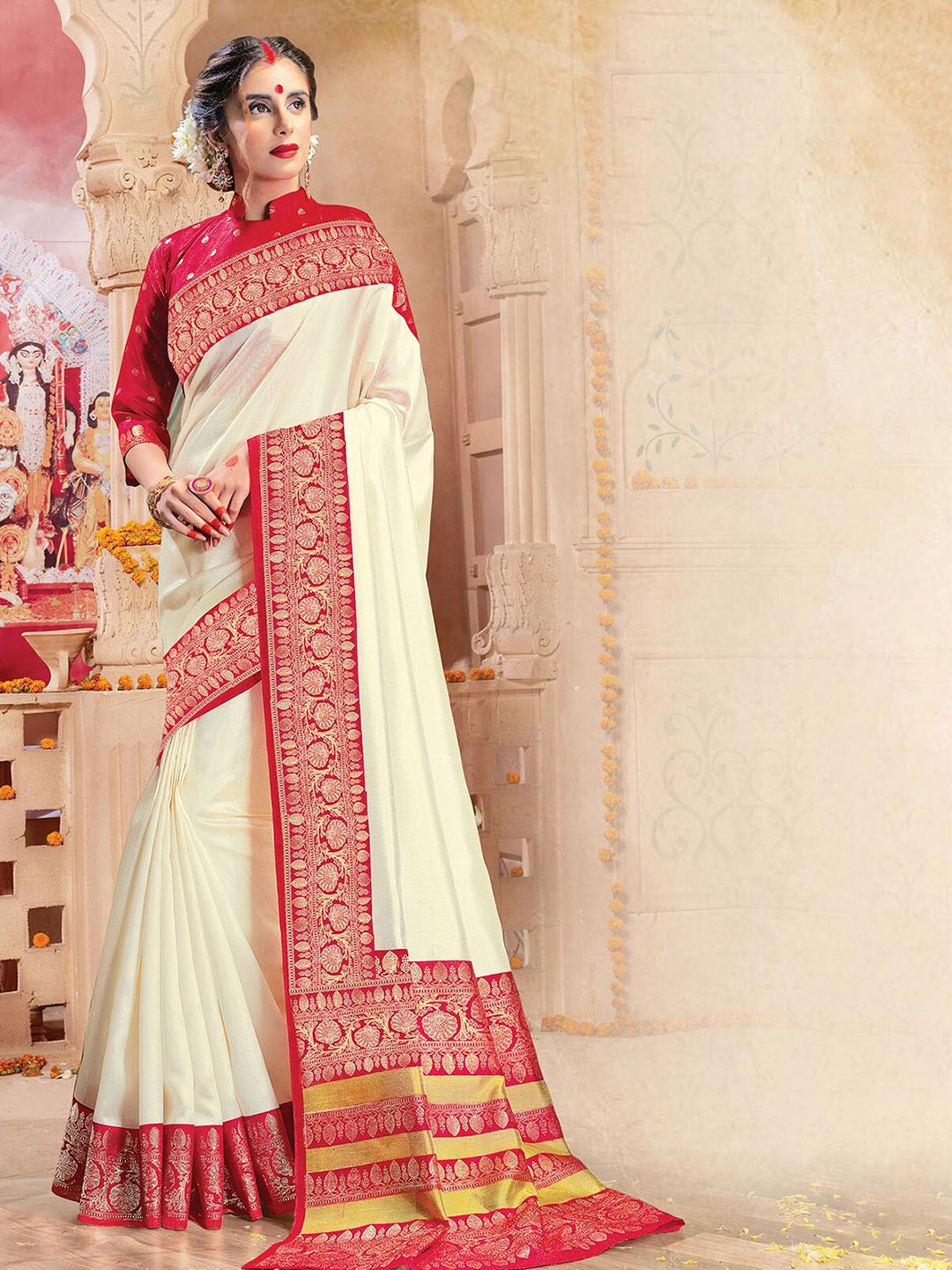 

ODETTE Off White & Red Zari Silk Blend Banarasi Saree