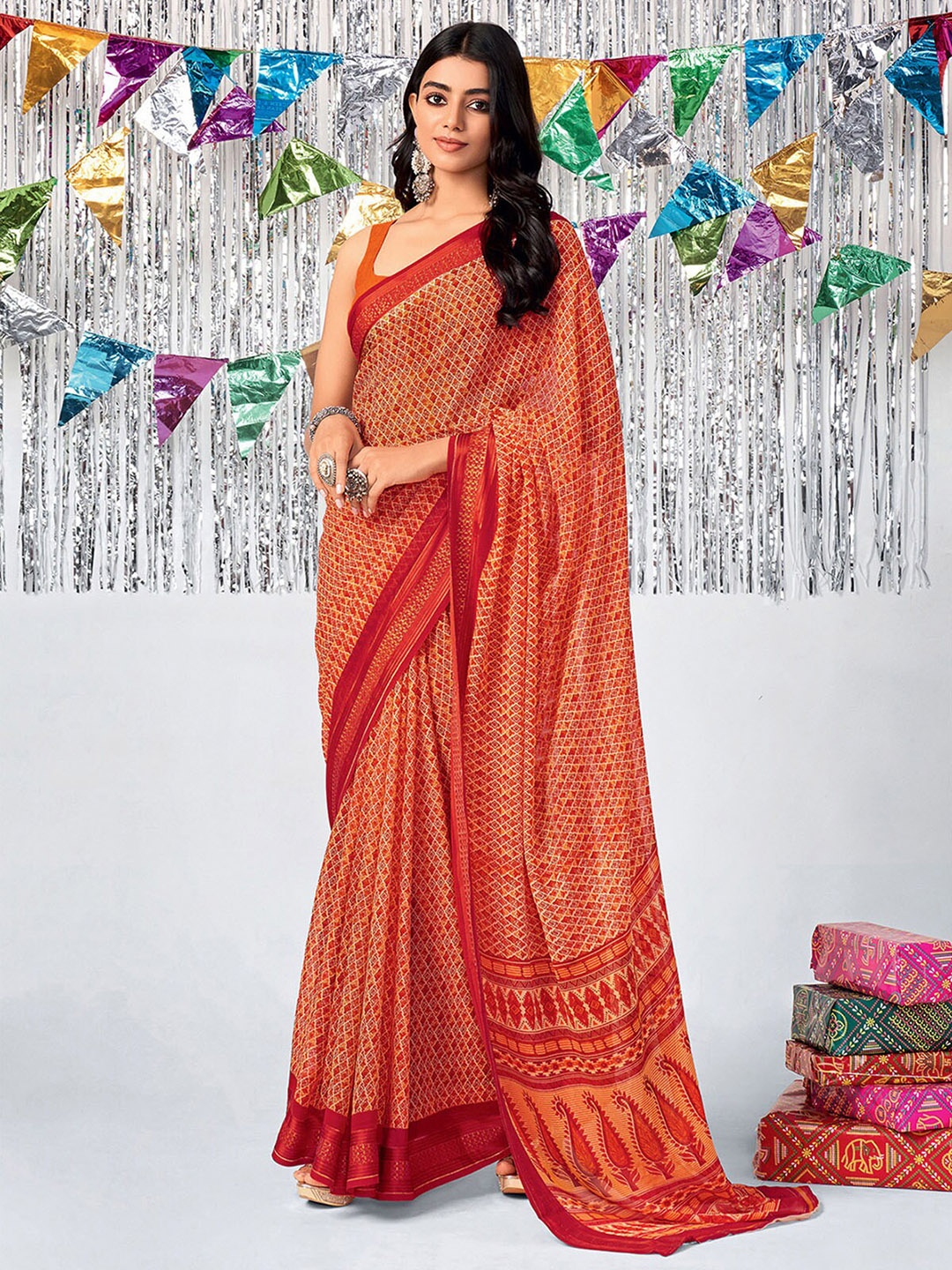

ODETTE Orange & Red Ethnic Motifs Banarasi Saree