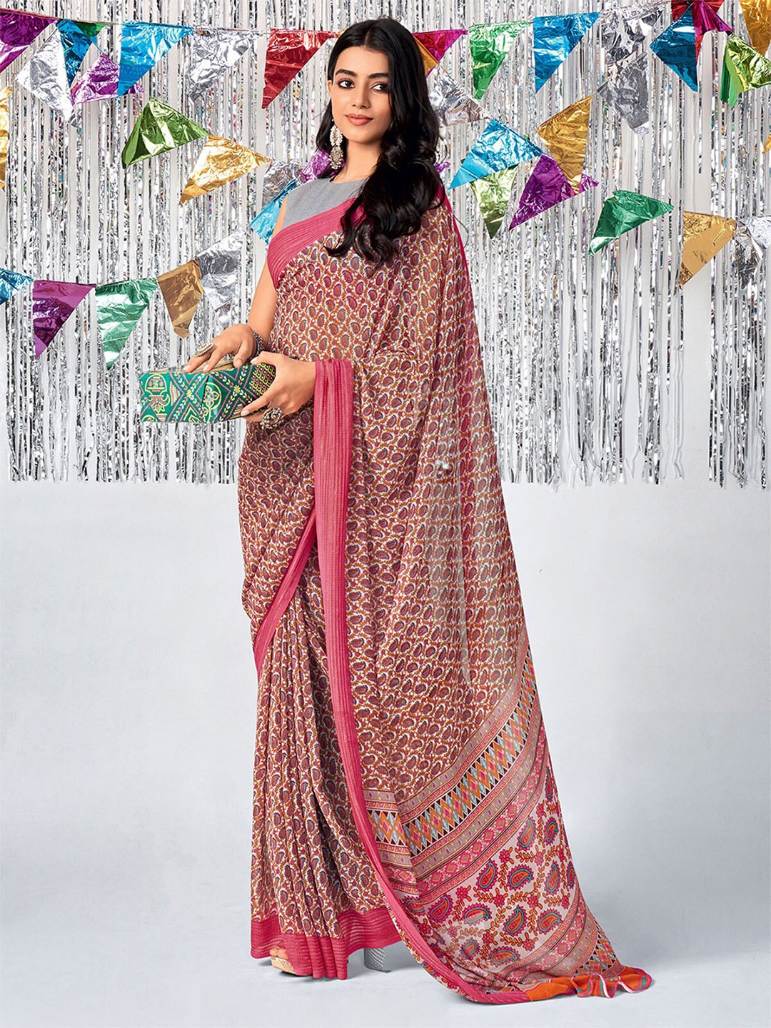 

ODETTE Pink & Blue Floral Banarasi Saree