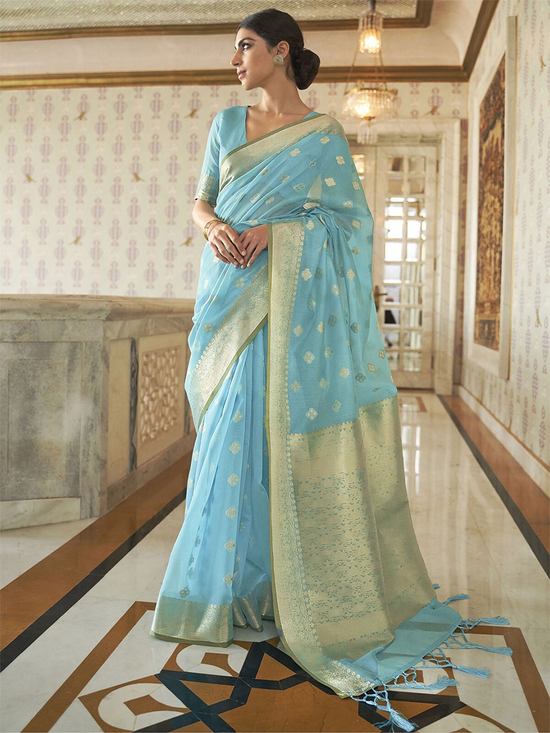 

ODETTE Turquoise Blue & Gold-Toned Zari Silk Blend Banarasi Saree