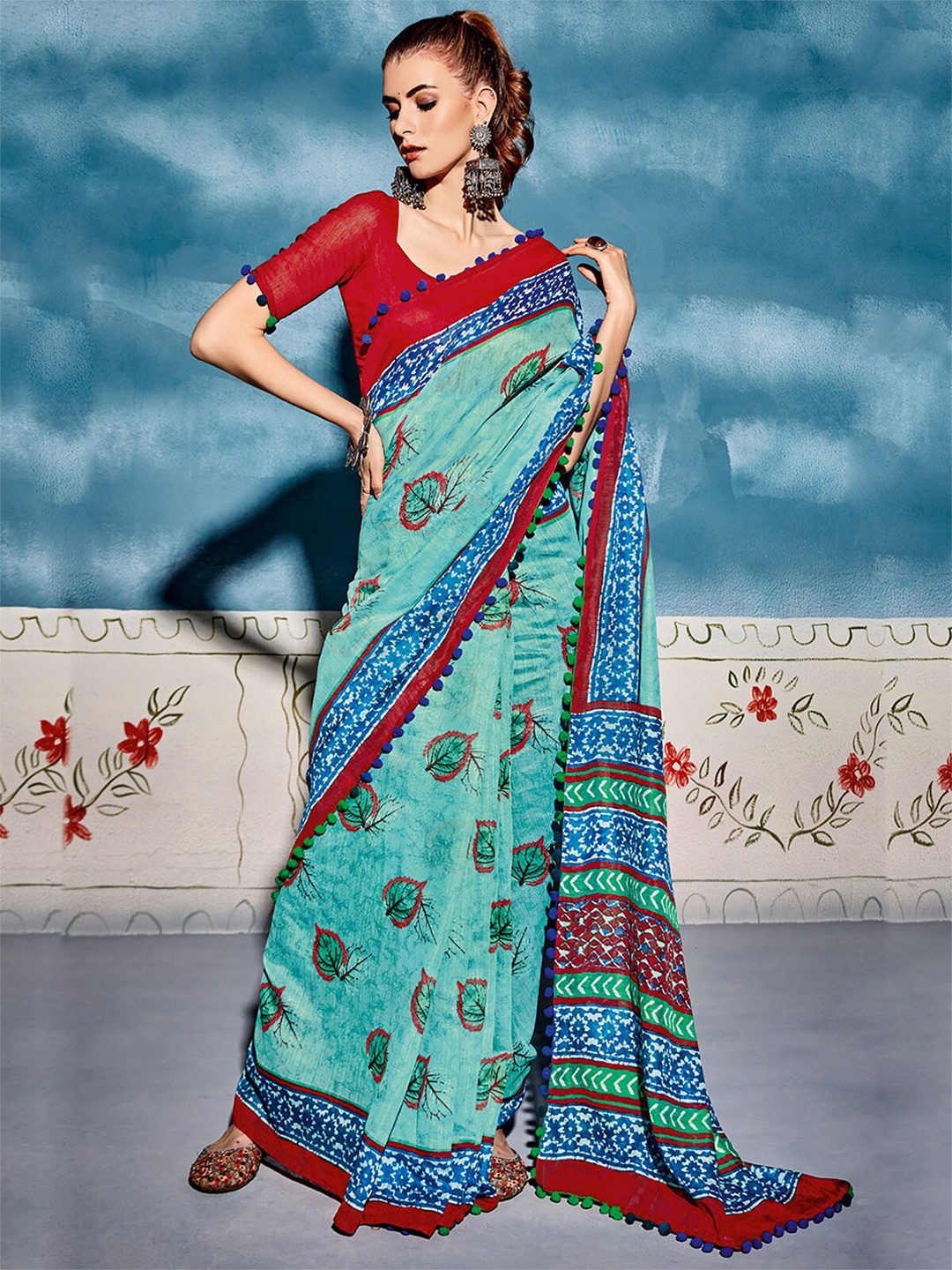 

ODETTE Sea Green & Red Floral Saree