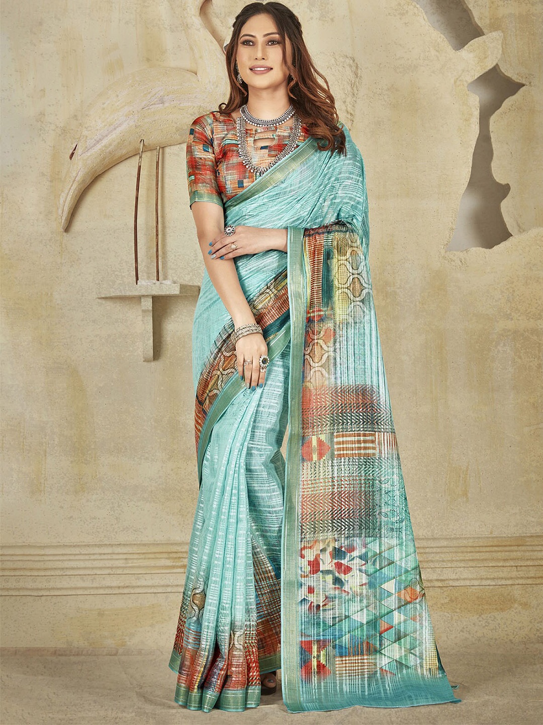 

ODETTE Blue & Pink Printed Zari Saree