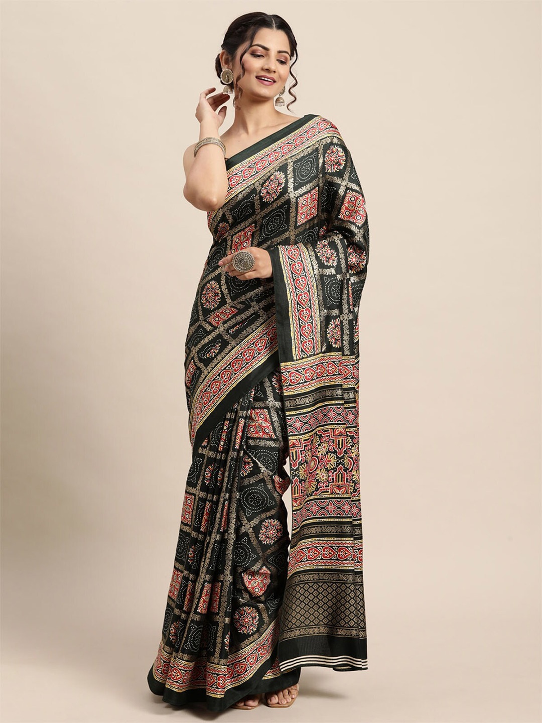 

ODETTE Black & Red Ethnic Motifs Printed Silk Blend Saree