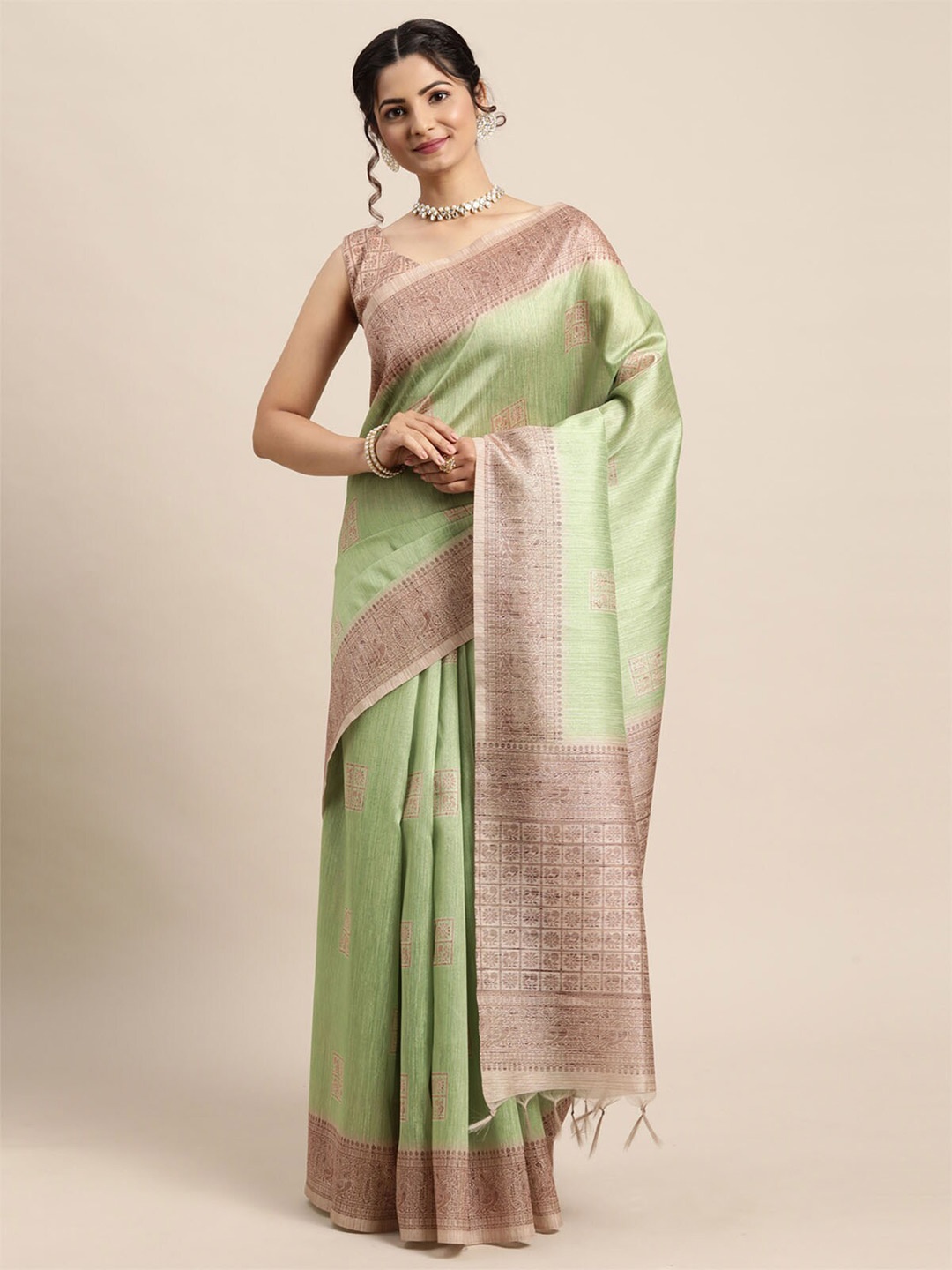 

ODETTE Green & Pink Ethnic Motifs Silk Blend Saree