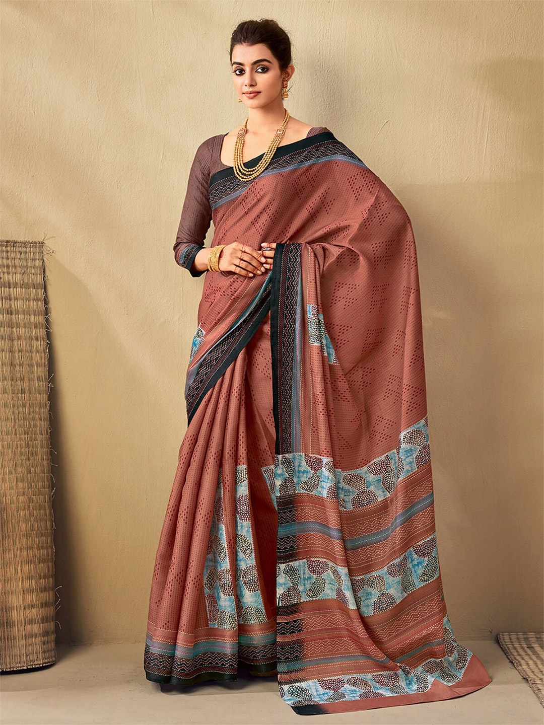 

ODETTE Brown & Blue Ethnic Motifs Silk Blend Saree