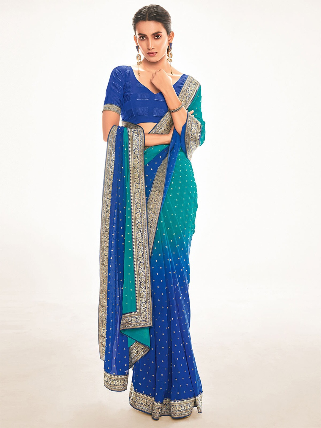 

ODETTE Teal & Gold-Toned Silk Blend Saree