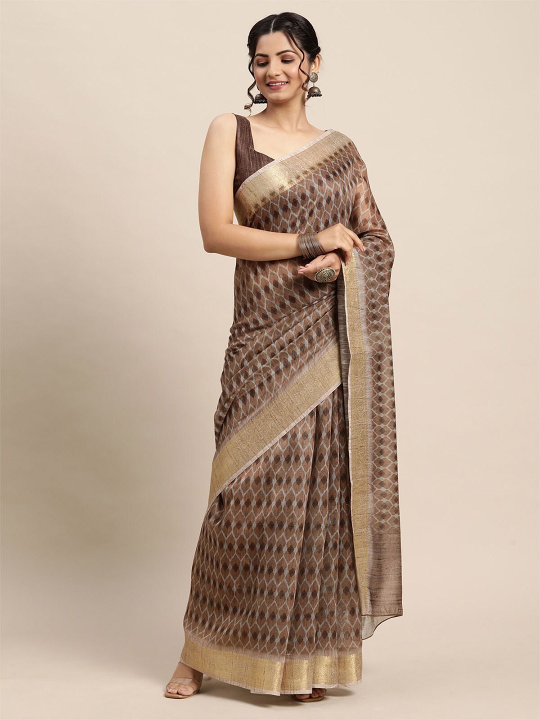 

ODETTE Brown & Gold-Toned Zari Banarasi Saree