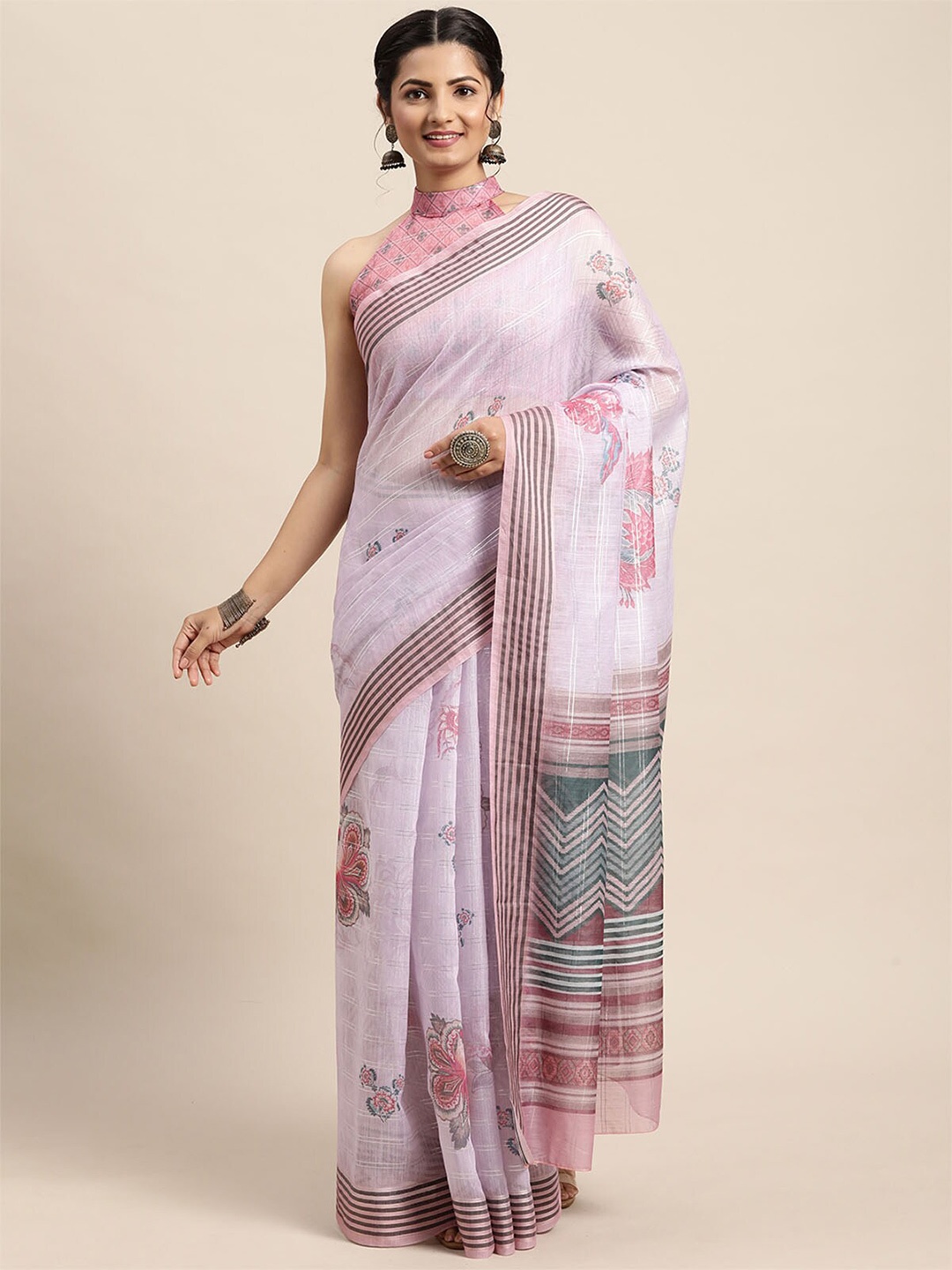 

ODETTE Lavender & Pink Floral Silk Blend Saree