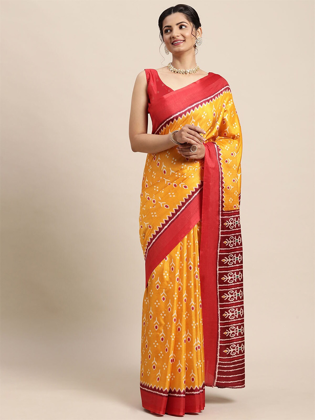 

ODETTE Yellow & Pink Floral Silk Blend Bagru Saree