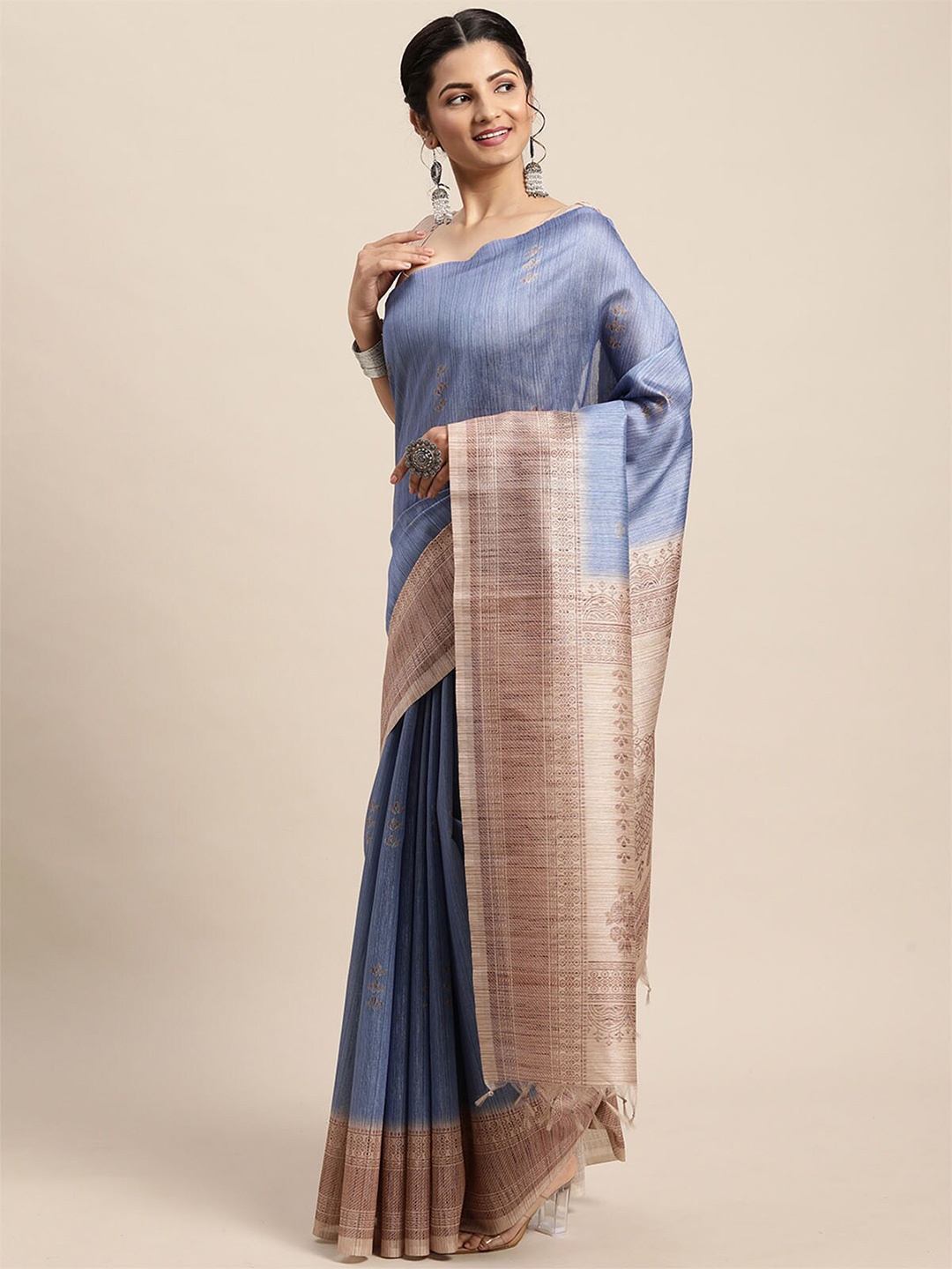 

ODETTE Blue & Brown Ethnic Motifs Silk Blend Saree