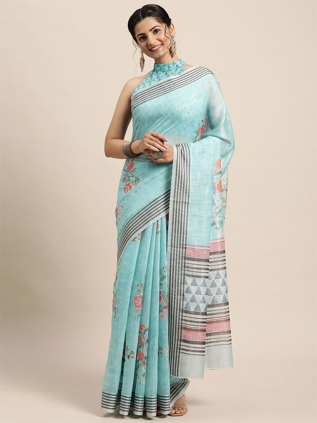 

ODETTE Sea Green & Pink Floral Saree