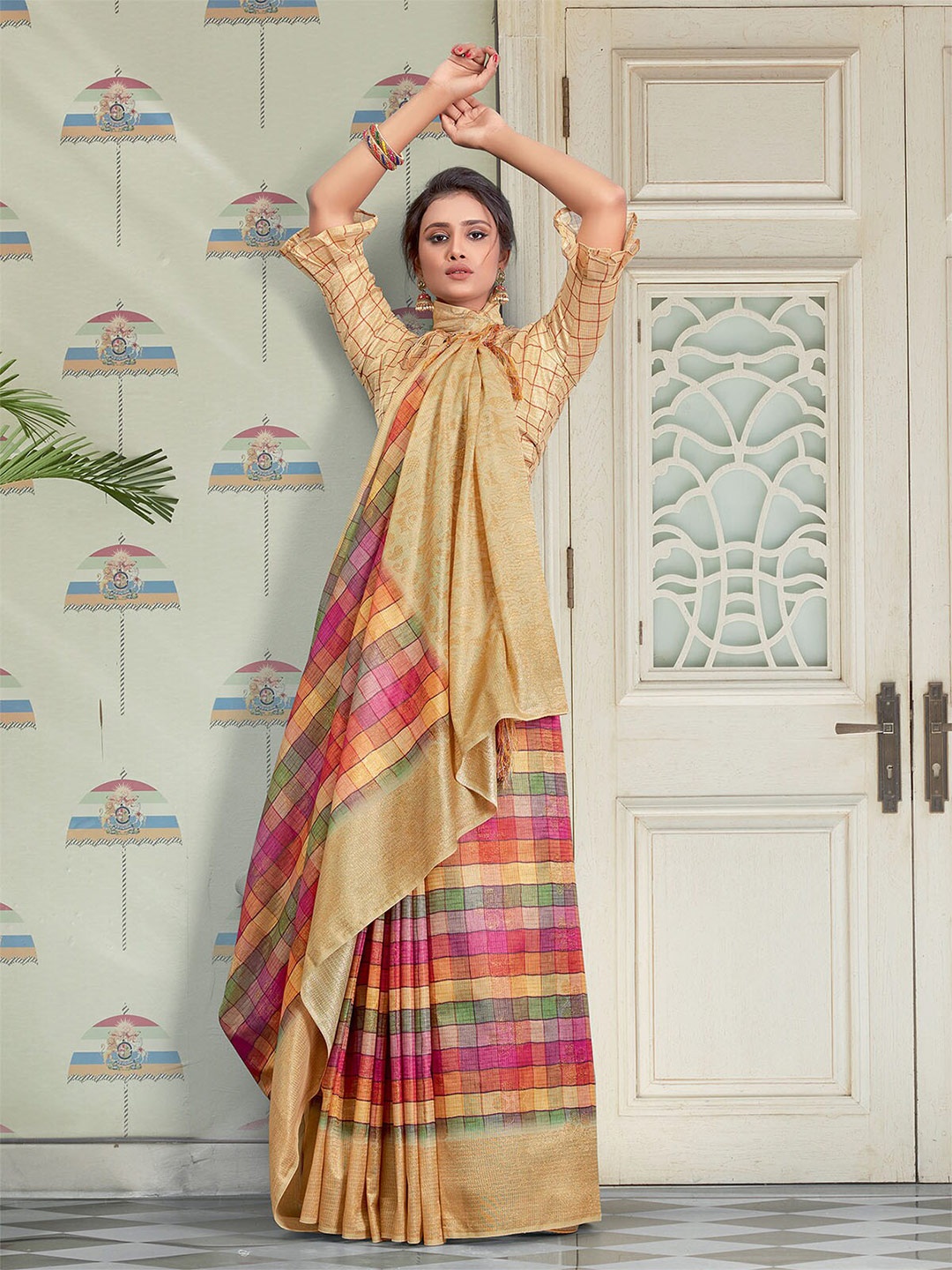 

ODETTE Beige & Pink Checked Linen Blend Saree