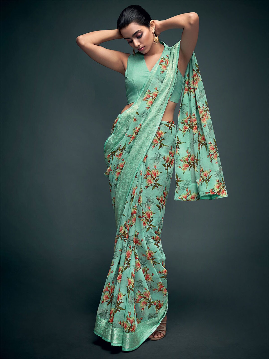 

ODETTE Sea Green & Yellow Floral Printed Saree