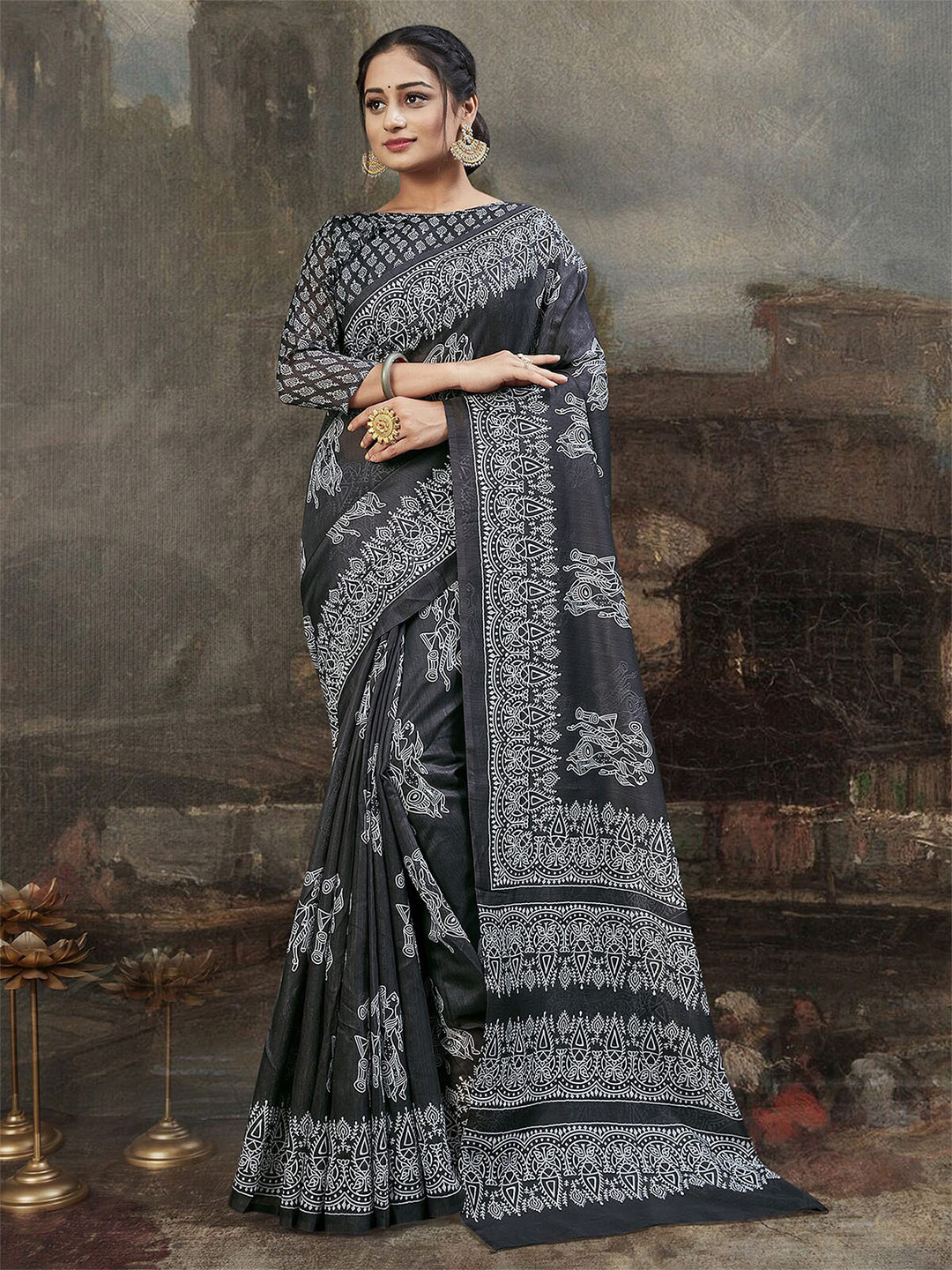 

ODETTE Black & Off White Ethnic Motifs Block Print Saree
