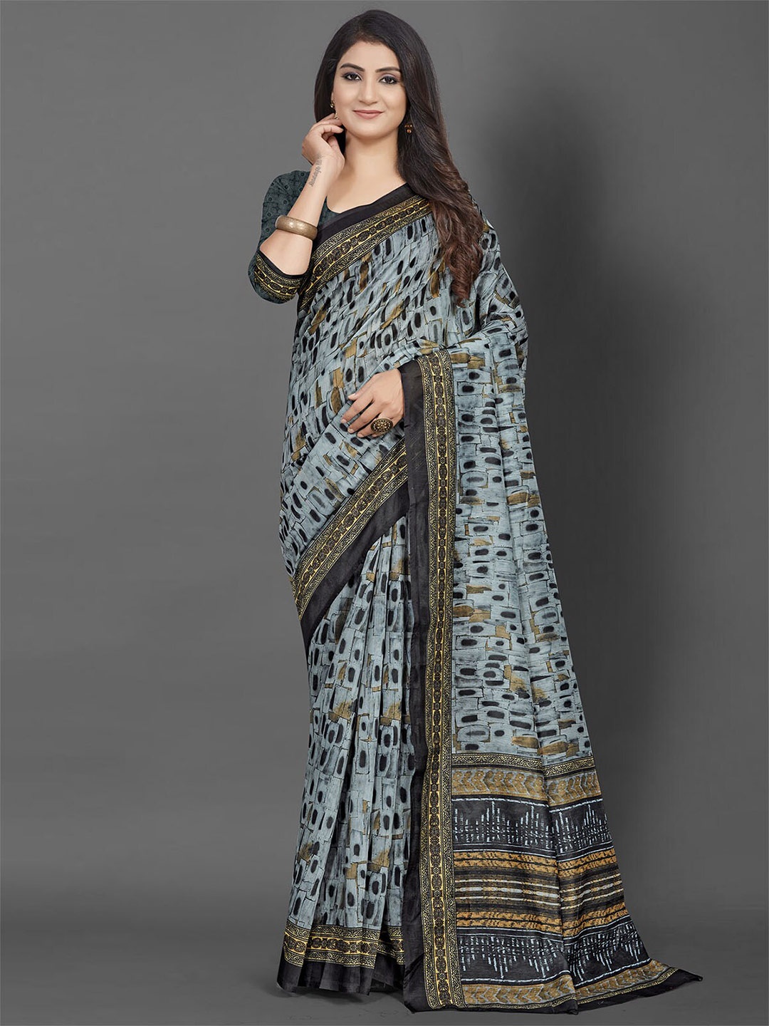 

ODETTE Grey & Yellow Printed Cotton Bagh Saree