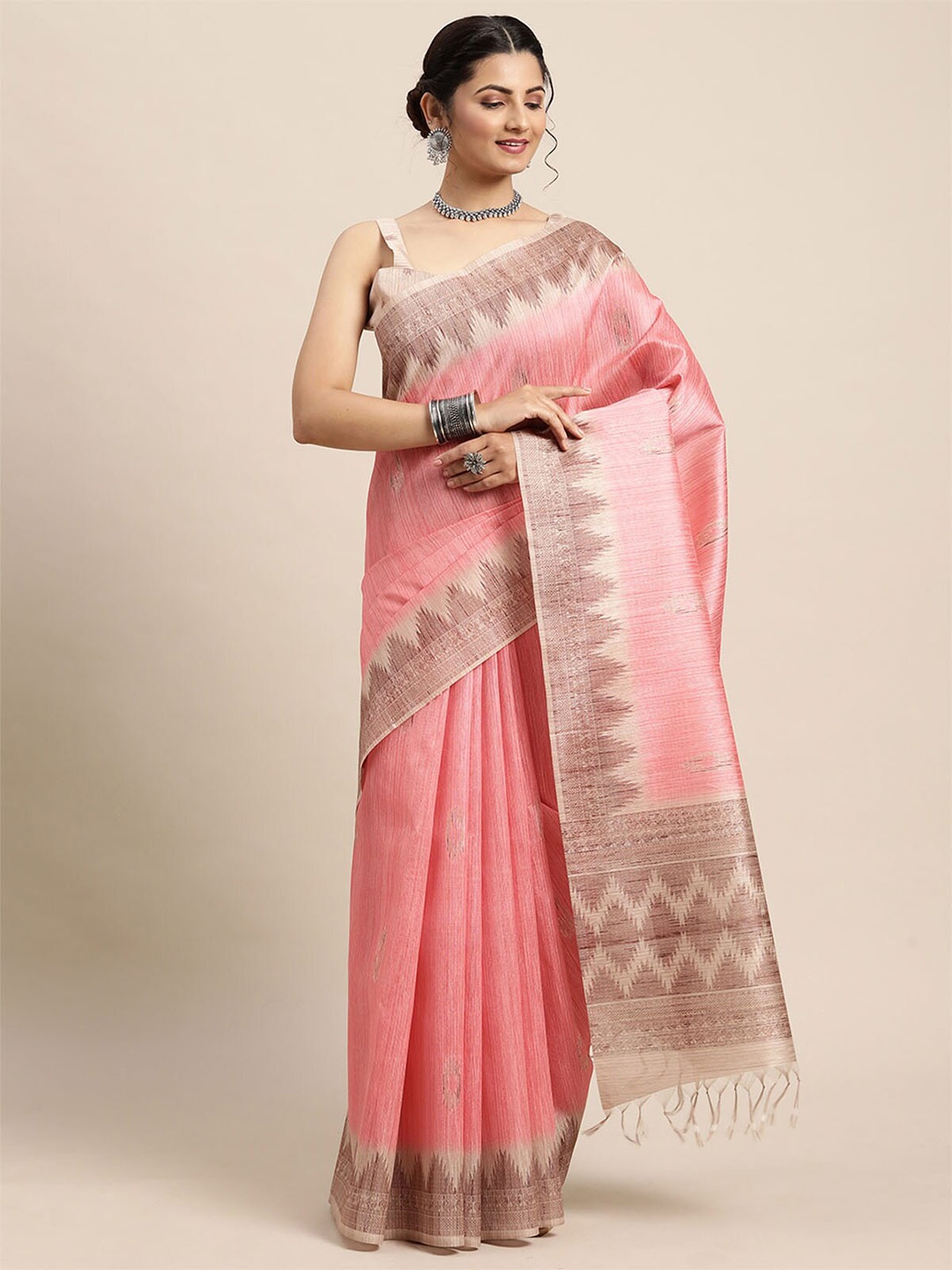 

ODETTE Pink & Grey Ethnic Motifs Silk Blend Bagh Saree