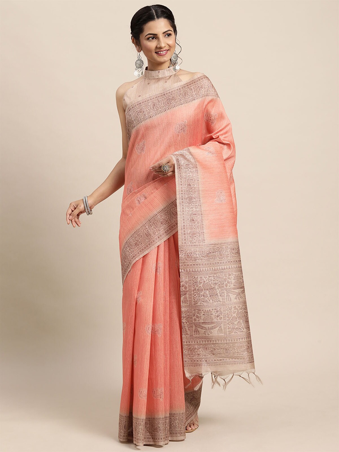 

ODETTE Peach-Coloured & Grey Ethnic Motifs Silk Blend Bagh Saree