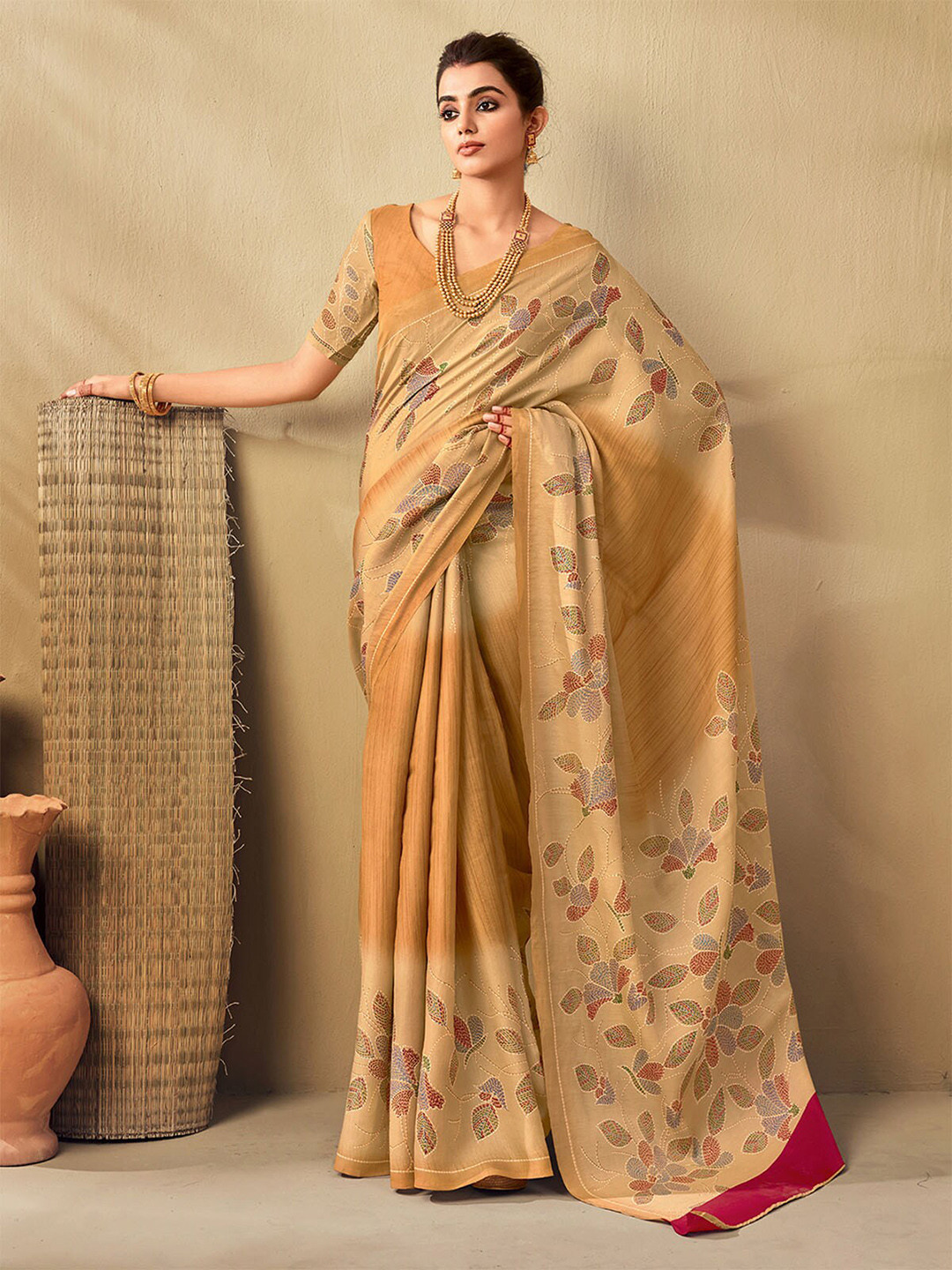 

ODETTE Beige & Blue Floral Silk Blend Muga Saree