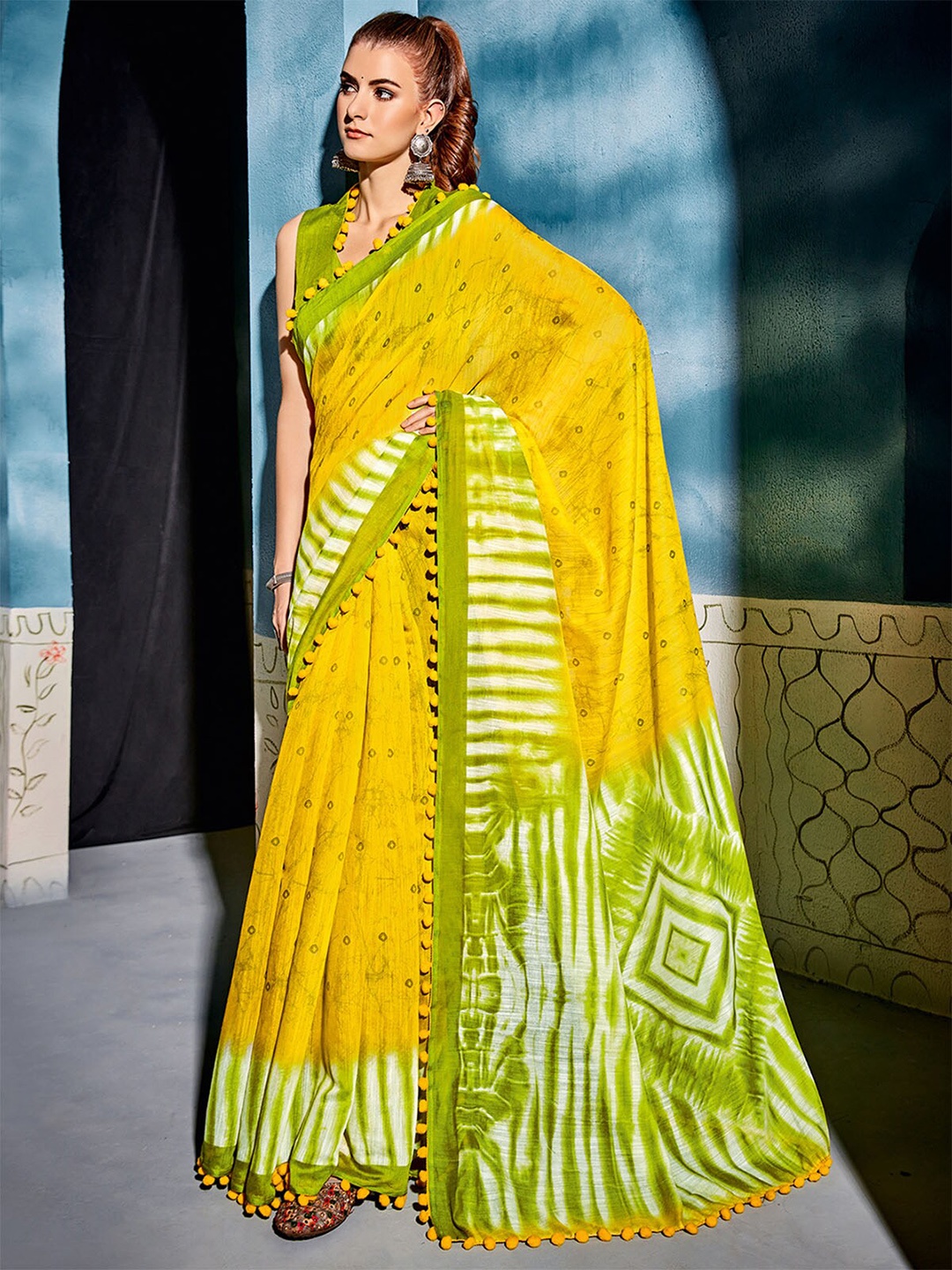

ODETTE Yellow & Green Saree