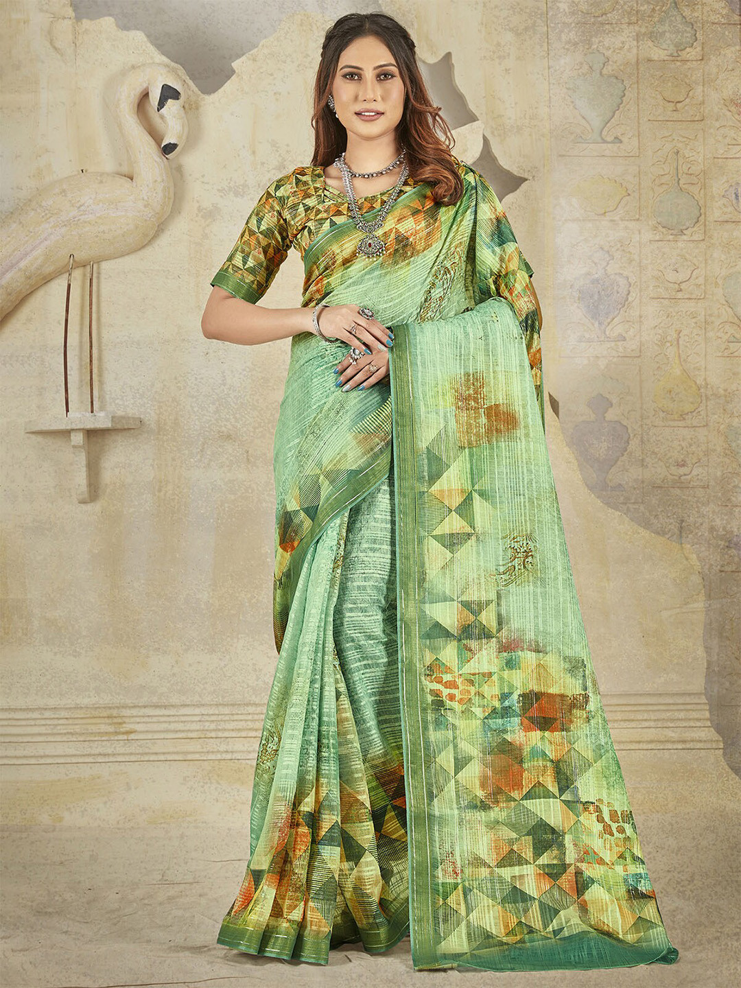 

ODETTE Sea Green & Yellow Banarasi Saree