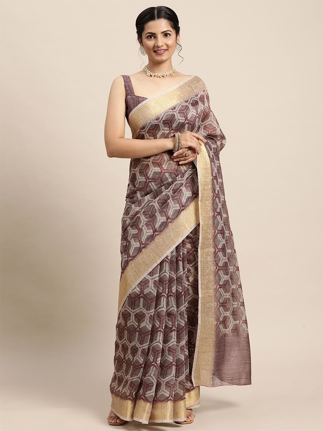 

ODETTE Grey & Purple Zari Banarasi Saree