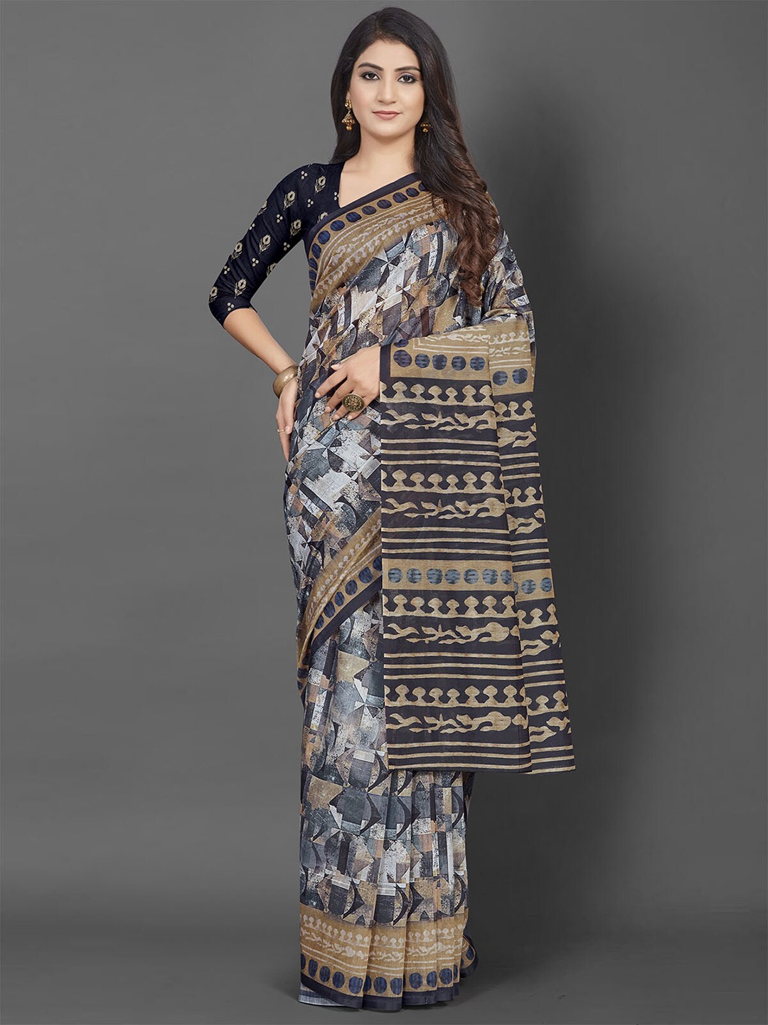 

ODETTE Beige & Grey Bagh Saree