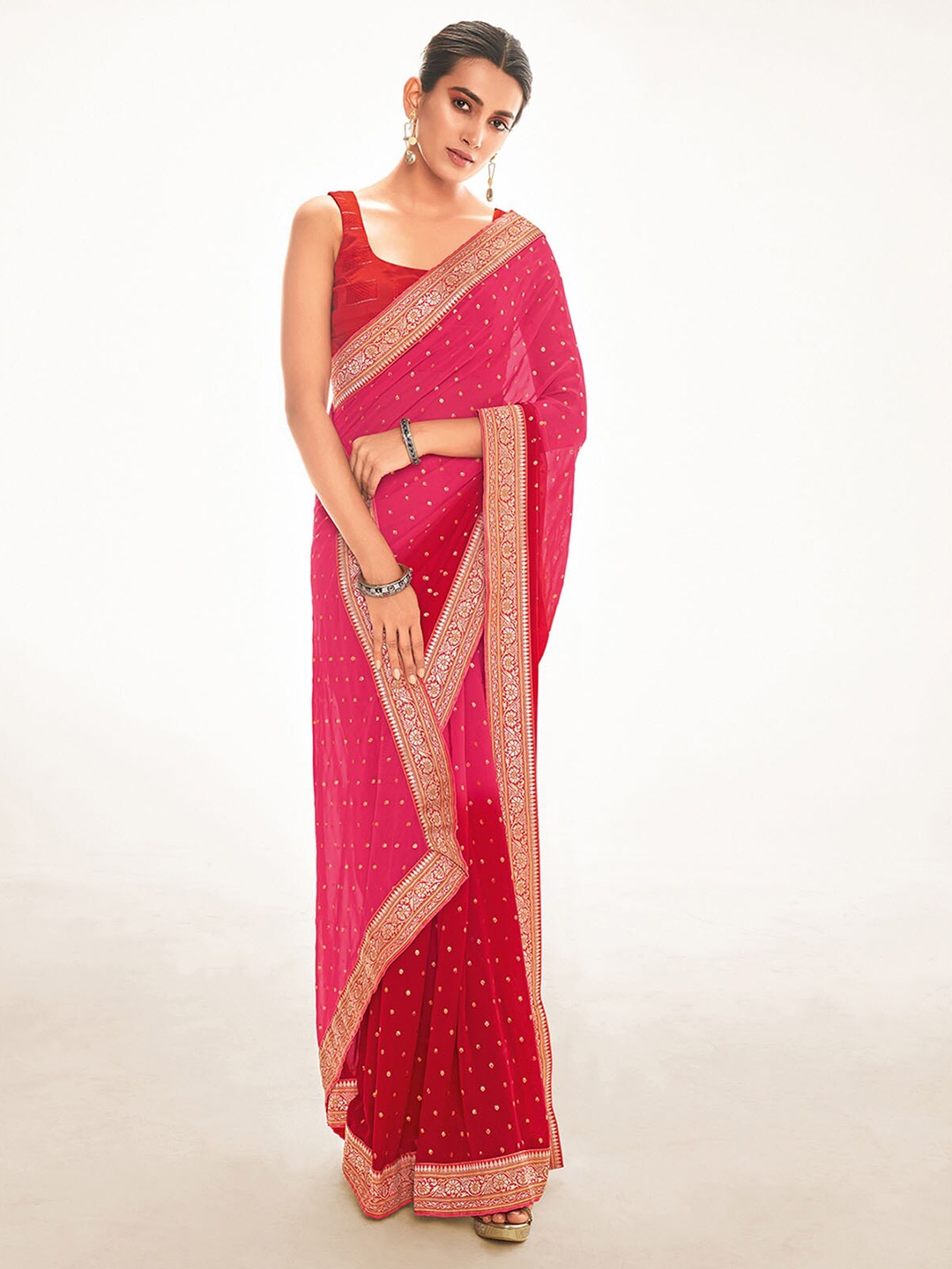 

ODETTE Pink & Gold-Toned Floral Zari Silk Blend Saree