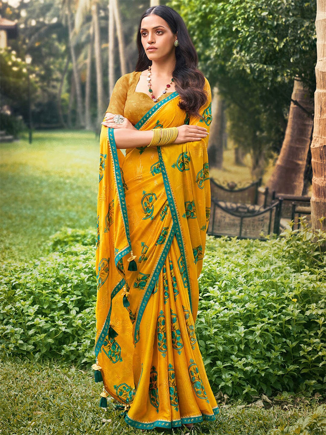 

ODETTE Mustard & Blue Floral Saree