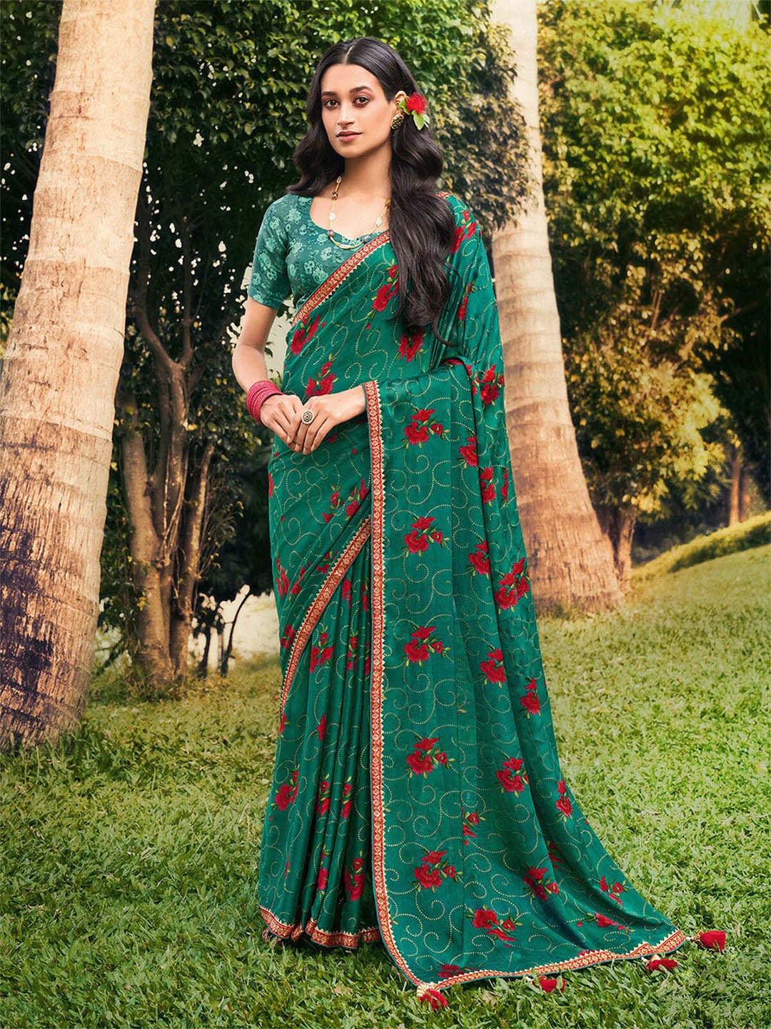 

ODETTE Sea Green & Red Floral Saree