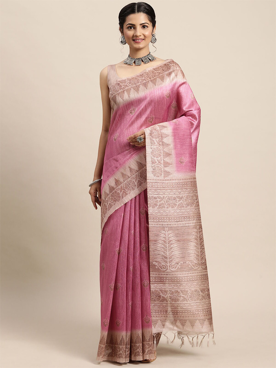 

ODETTE Pink & Grey Ethnic Motifs Silk Blend Bagh Saree