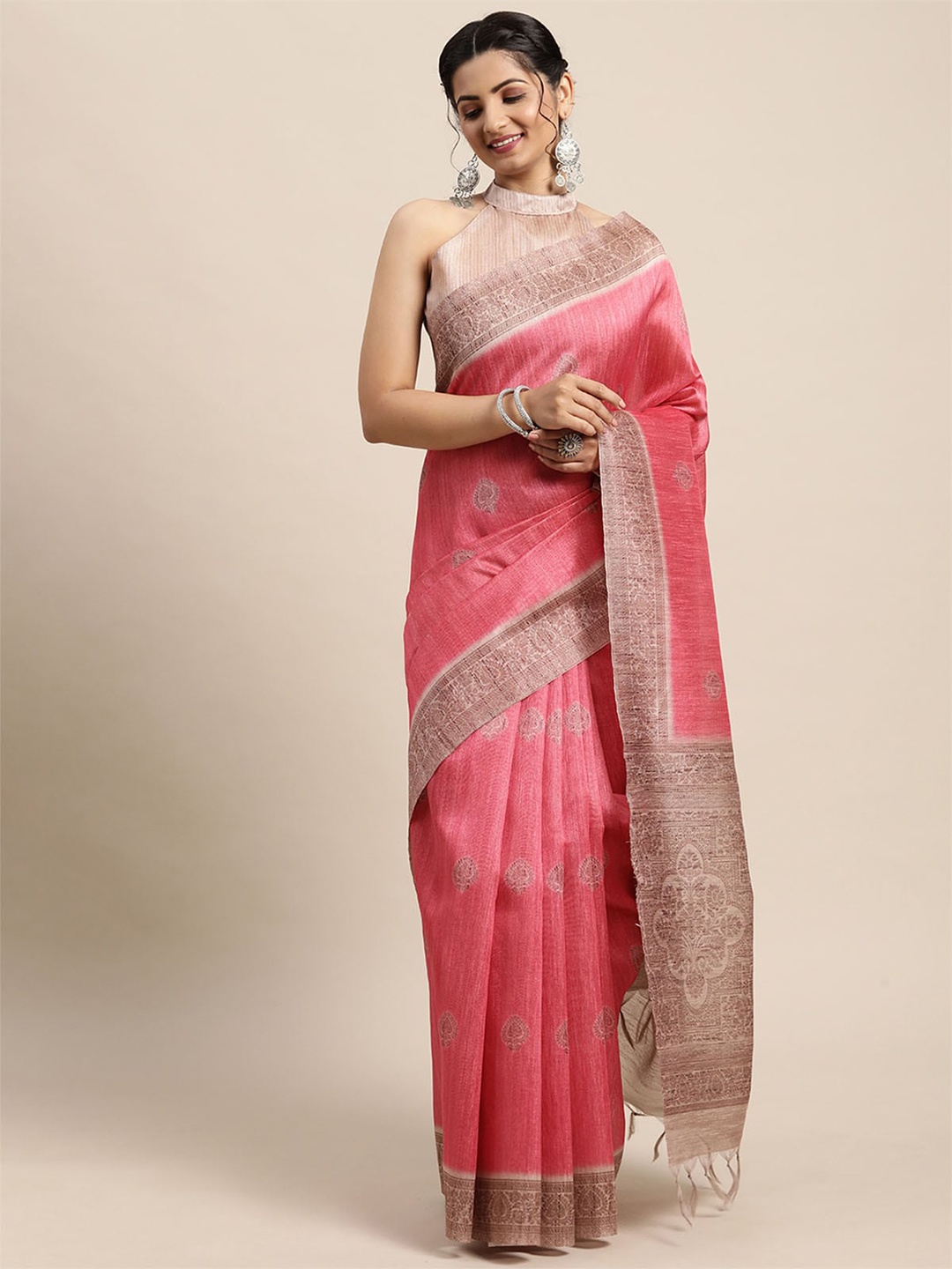 

ODETTE Pink & Beige Printed Bagh Saree