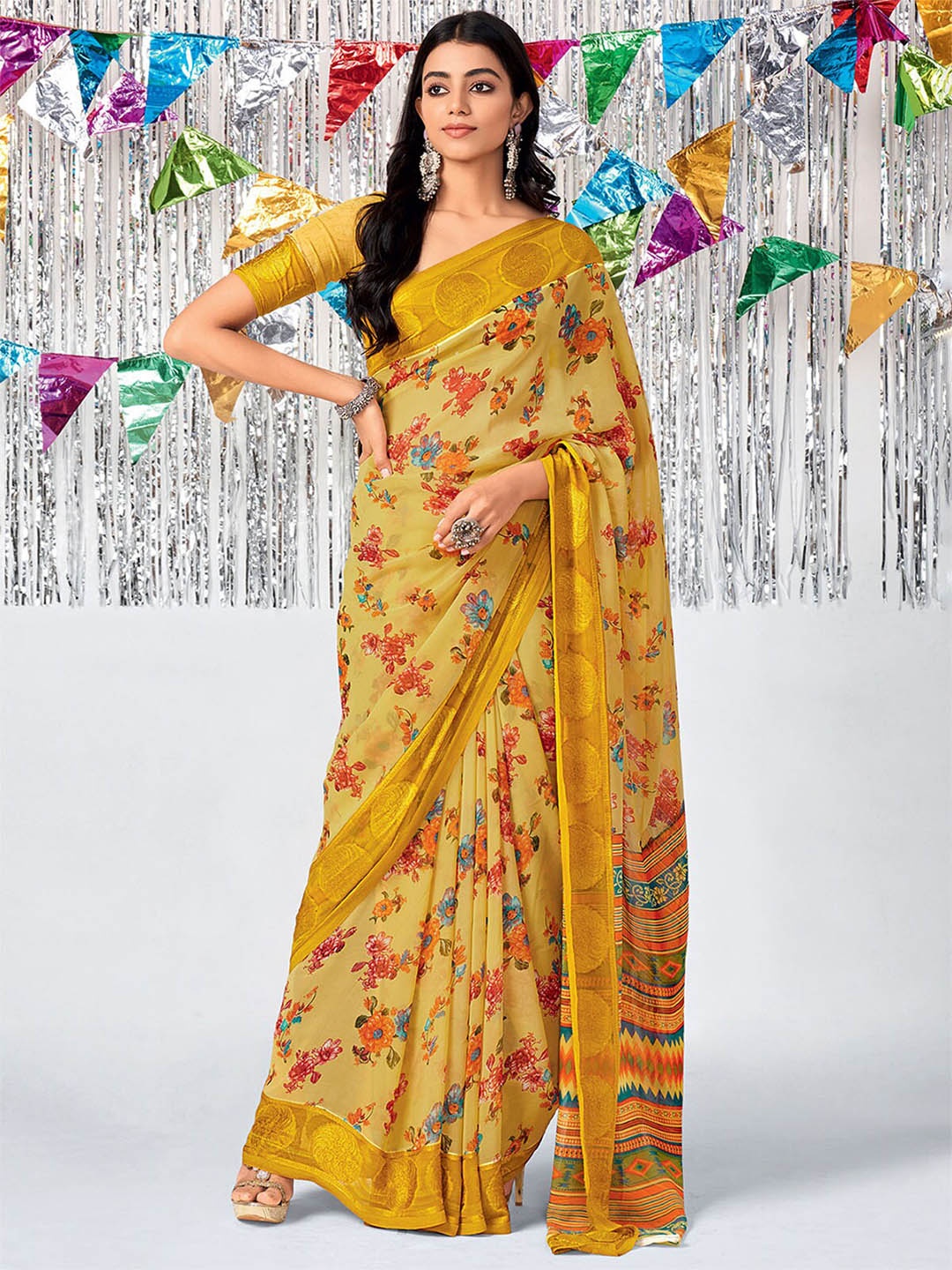 

ODETTE Yellow & Blue Floral Banarasi Saree