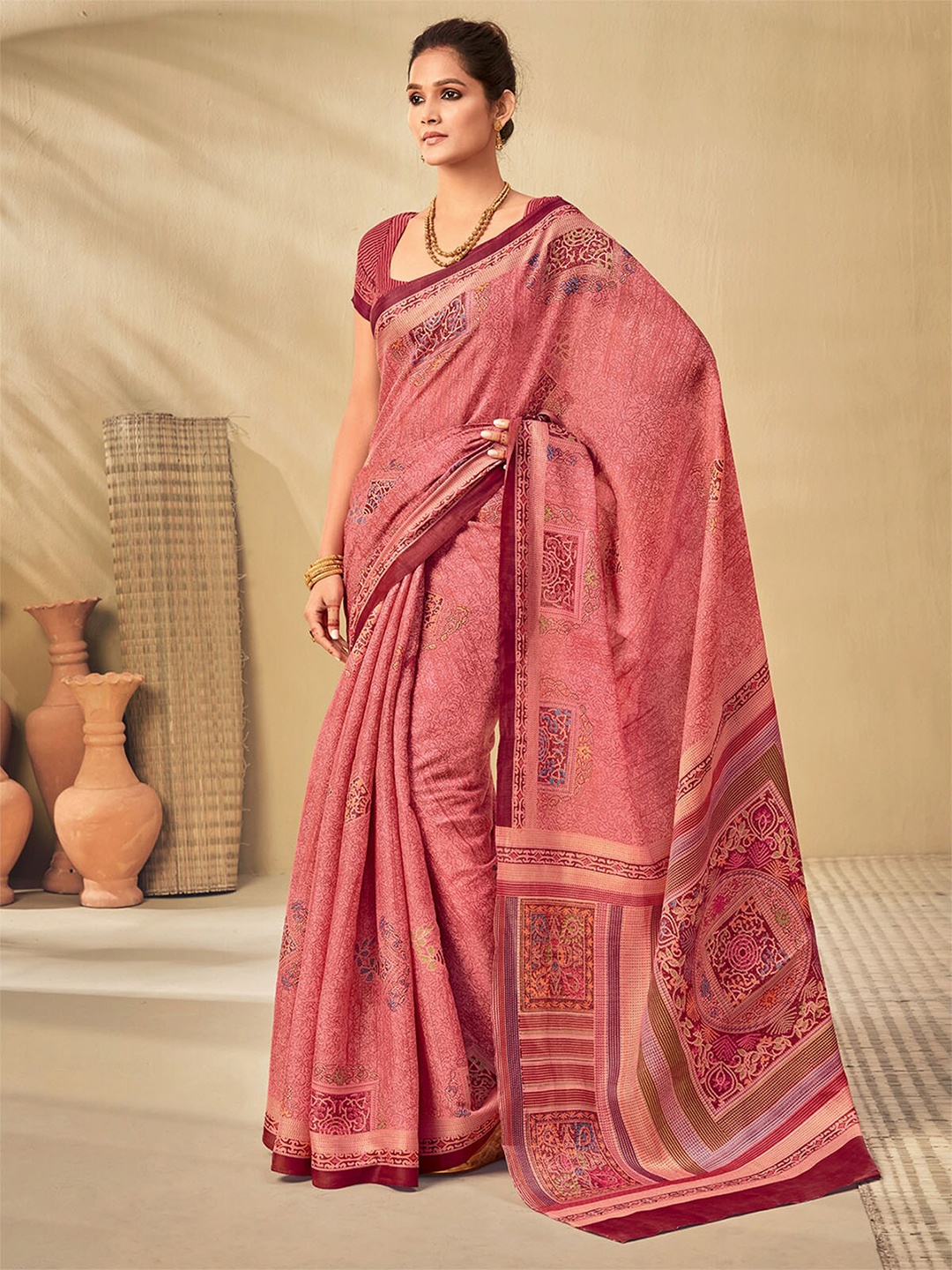 

ODETTE Pink & Purple Ethnic Motifs Silk Blend Muga Saree