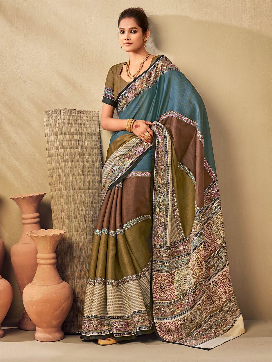 

ODETTE Teal & Brown Ethnic Motifs Silk Blend Muga Saree