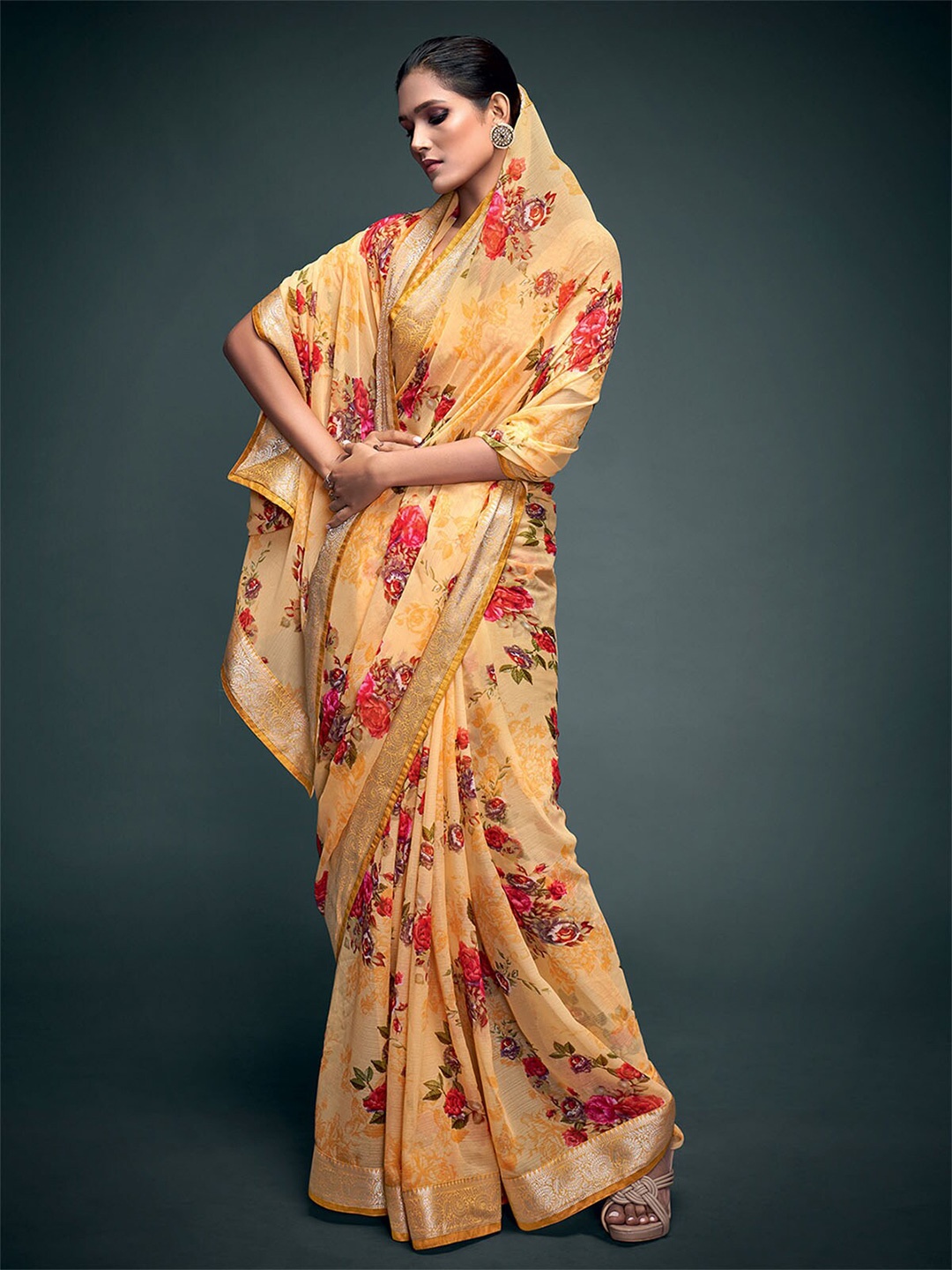 

ODETTE Yellow & Red Floral Zari Banarasi Saree