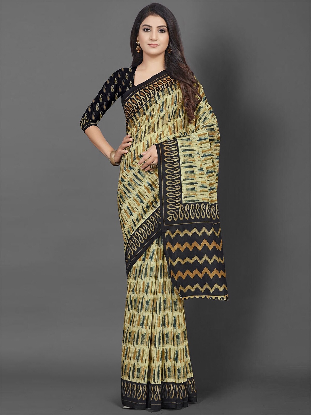

ODETTE Yellow & Black Printed Saree