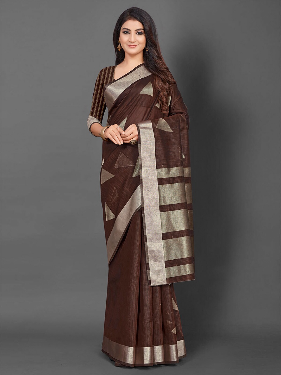 

ODETTE Brown & Gold-Toned Zari Linen Blend Banarasi Saree