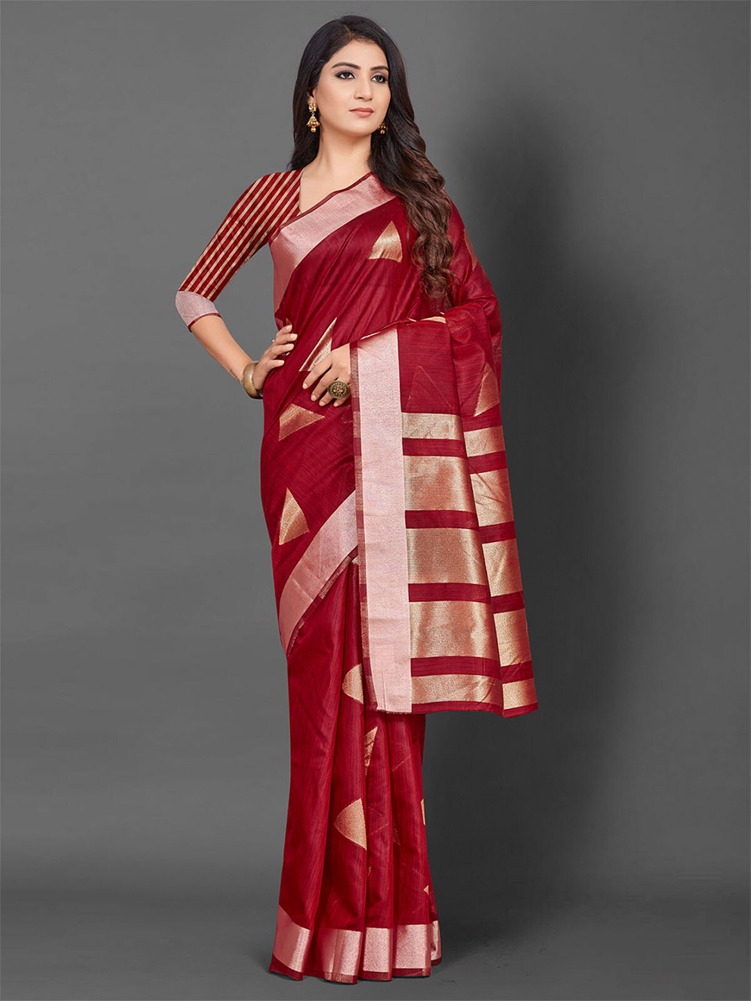 

ODETTE Maroon & Gold-Toned Zari Linen Blend Banarasi Saree